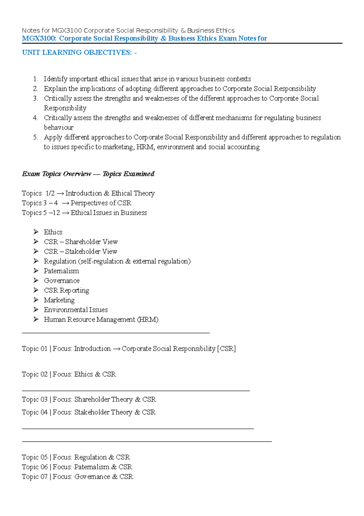 MGX3100 CSR & Business Ethics Exam Notes Overview - Studocu