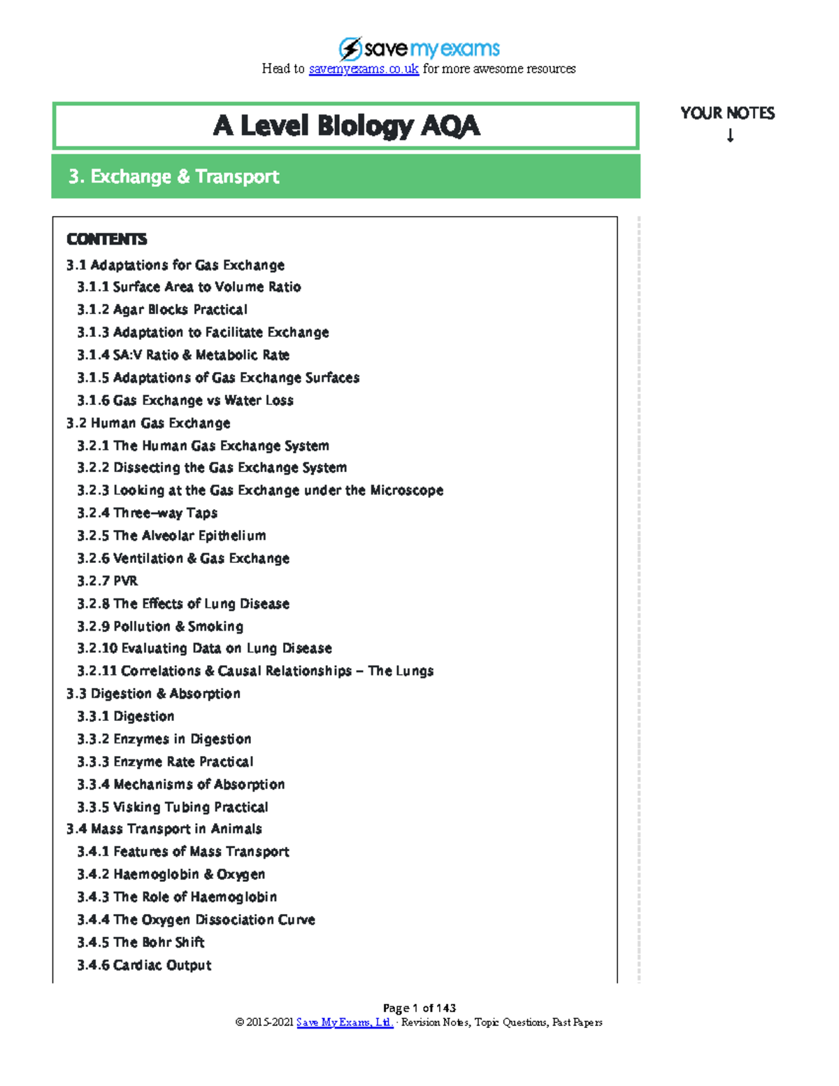 (3) Exchange and Transport Notes - Page 1 of 143 A Level Biology AQA 3 ...