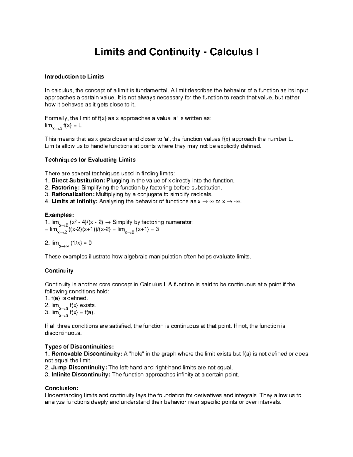 Calculus I: Limits and Continuity Overview - Studocu