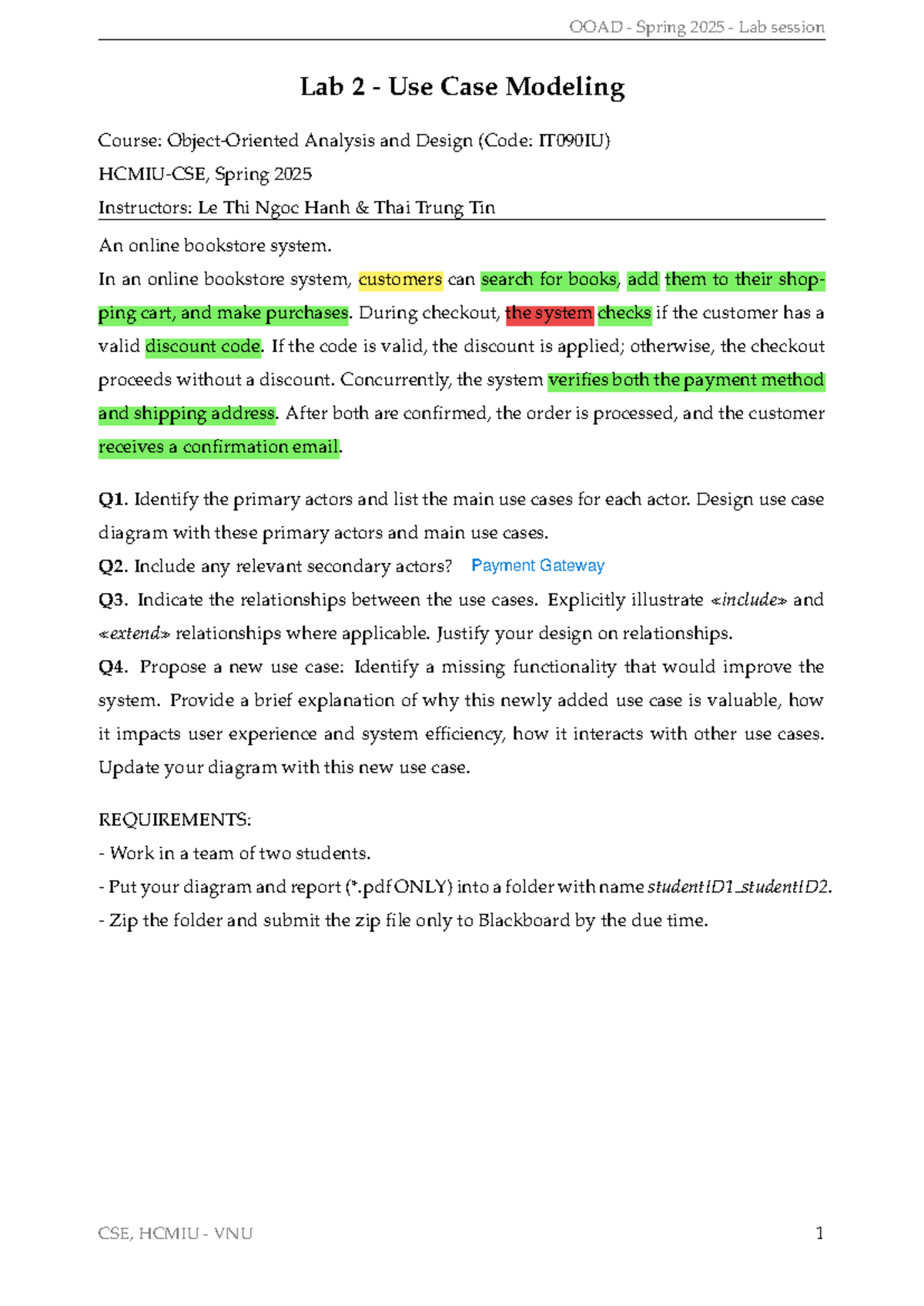 IT090IU Spring 2025 Lab 2: Use Case Modeling for Online Bookstore - Studocu