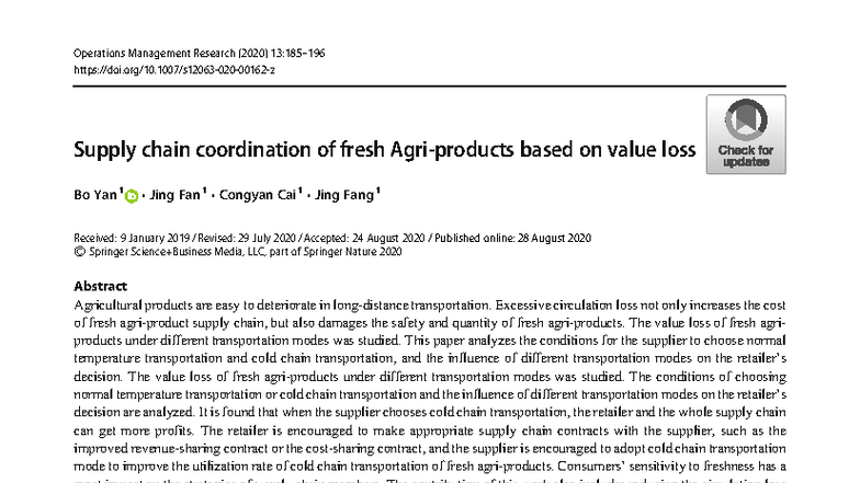 S12063 2020 Final Exam: Supply Chain Coordination of Fresh Produce ...