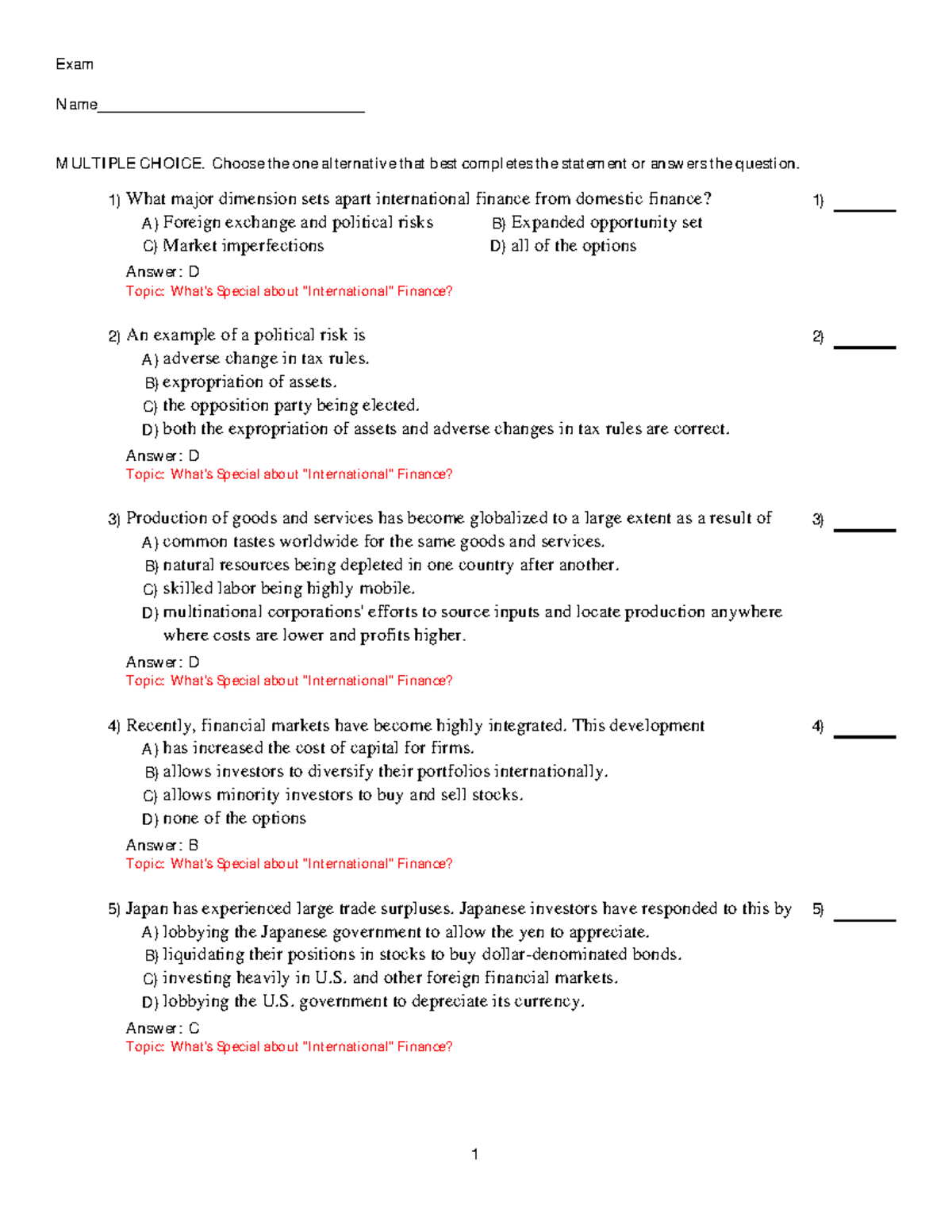 Chapter 1 - Practice Questions for International Finance Exam (FIN 101 ...