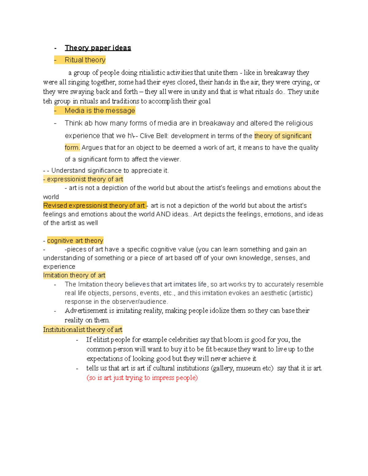 COM 201 Term Paper Ideas: Exploring Art Theories and Rituals - Studocu