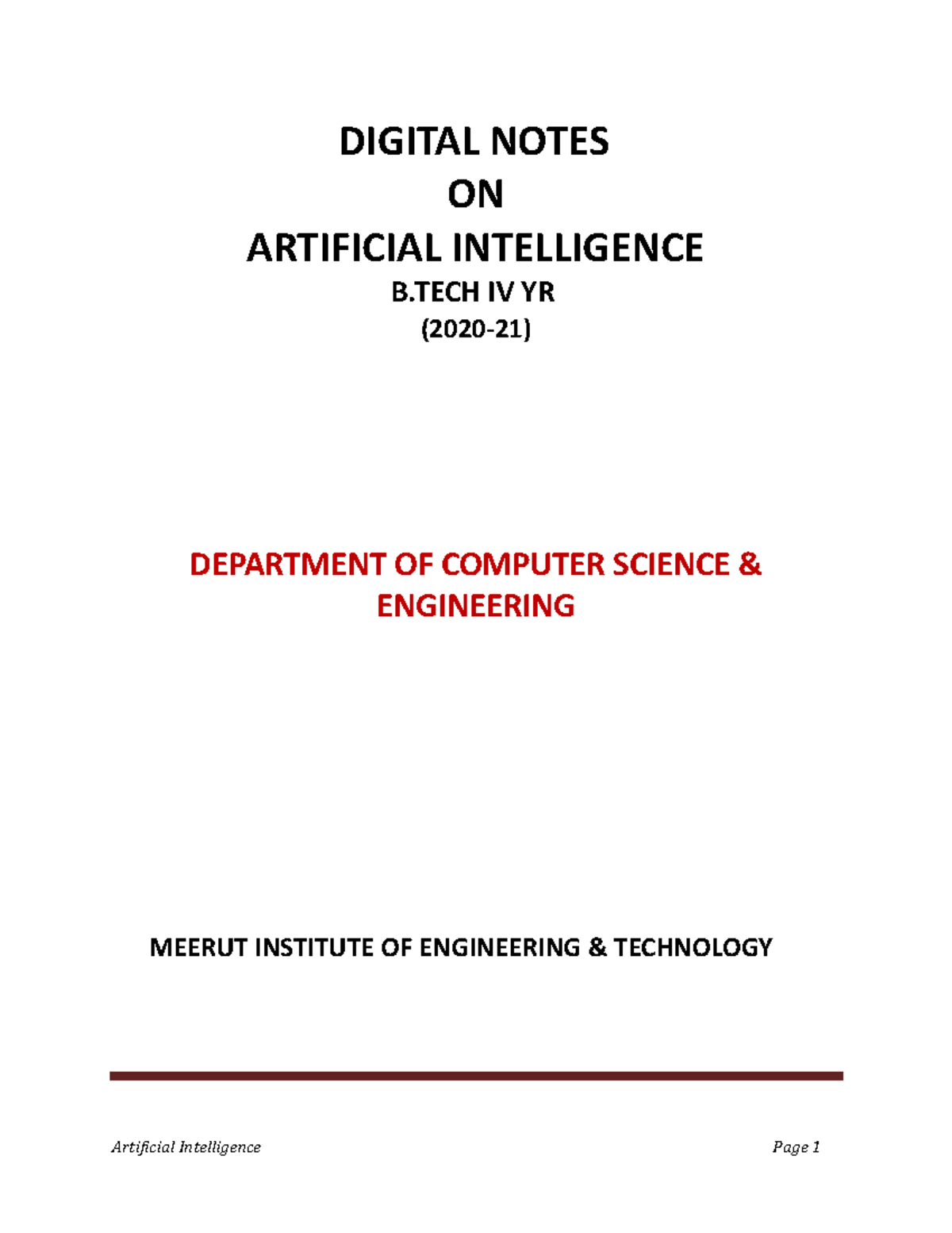 AI KCS071 Lecture Notes: Comprehensive Study on Artificial Intelligence ...
