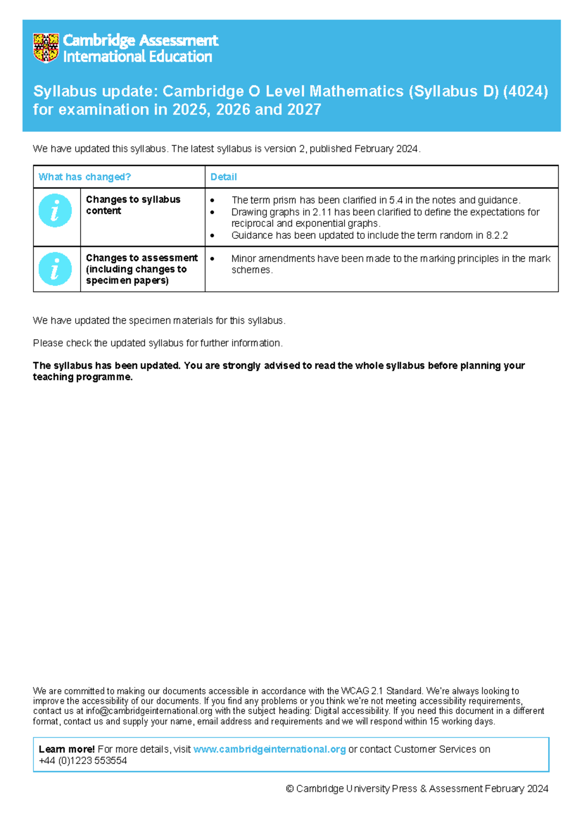 Cambridge O Level Math Syllabus Update (4024) for 2025-2027 - Studocu