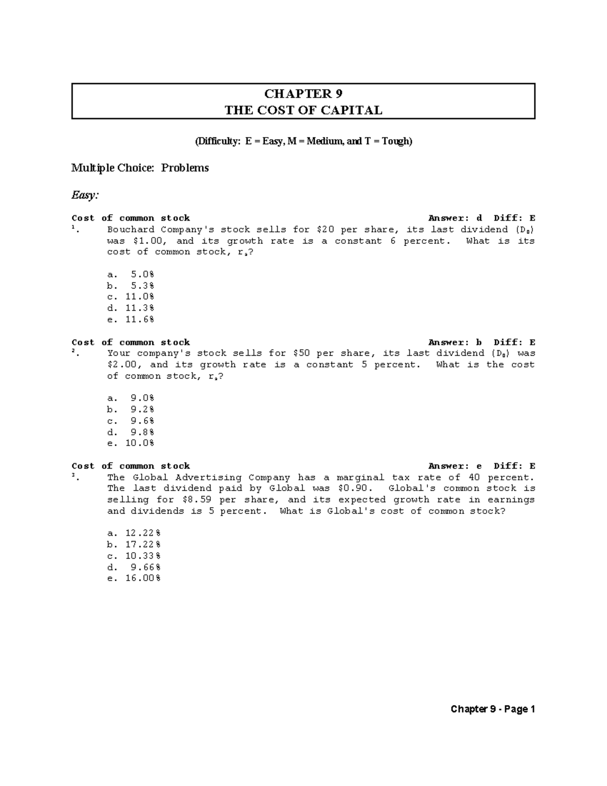 CHAPTER 9 WACC: Practice Problems and Solutions (Easy, Medium, Tough ...
