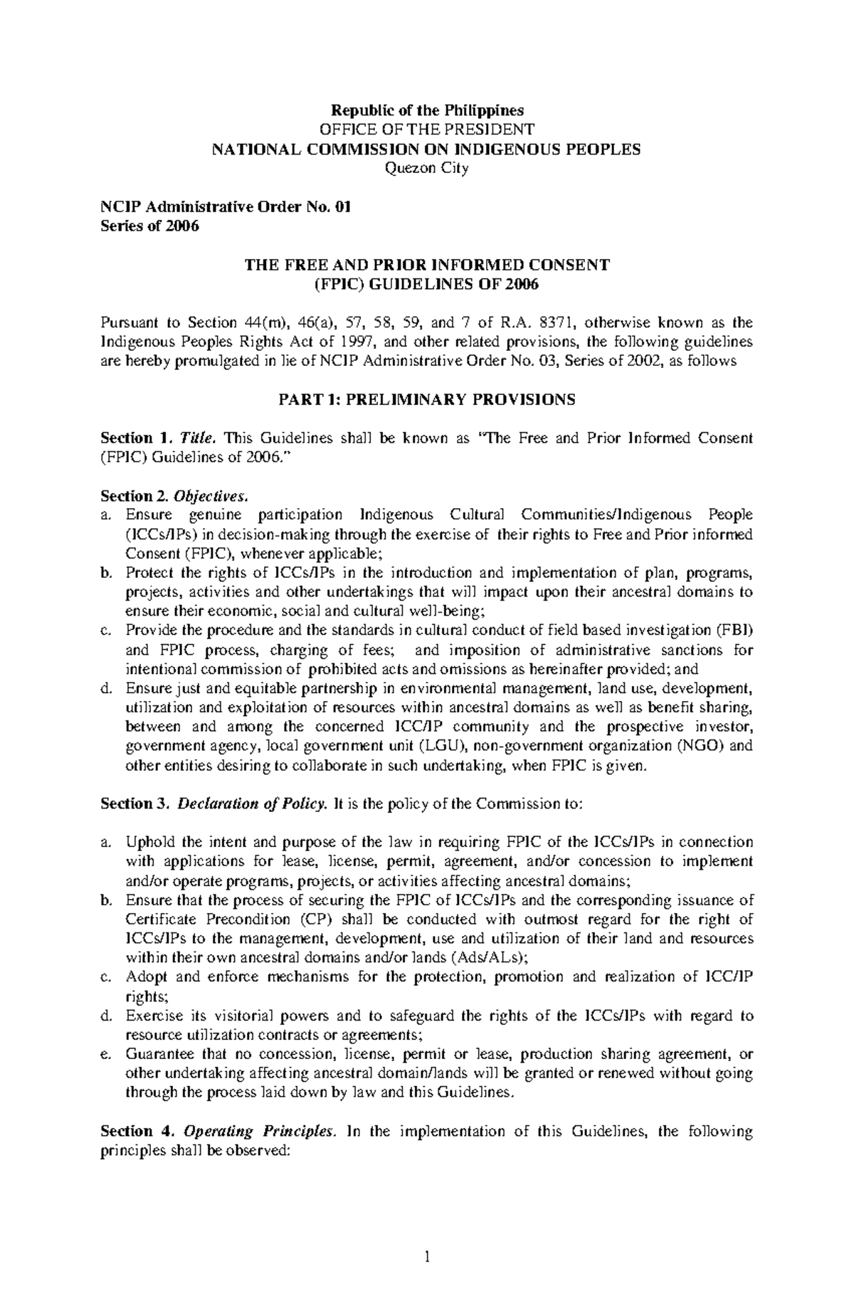 NCIP AO No. 01 S. 2006: FPIC Guidelines for Indigenous Peoples Rights ...