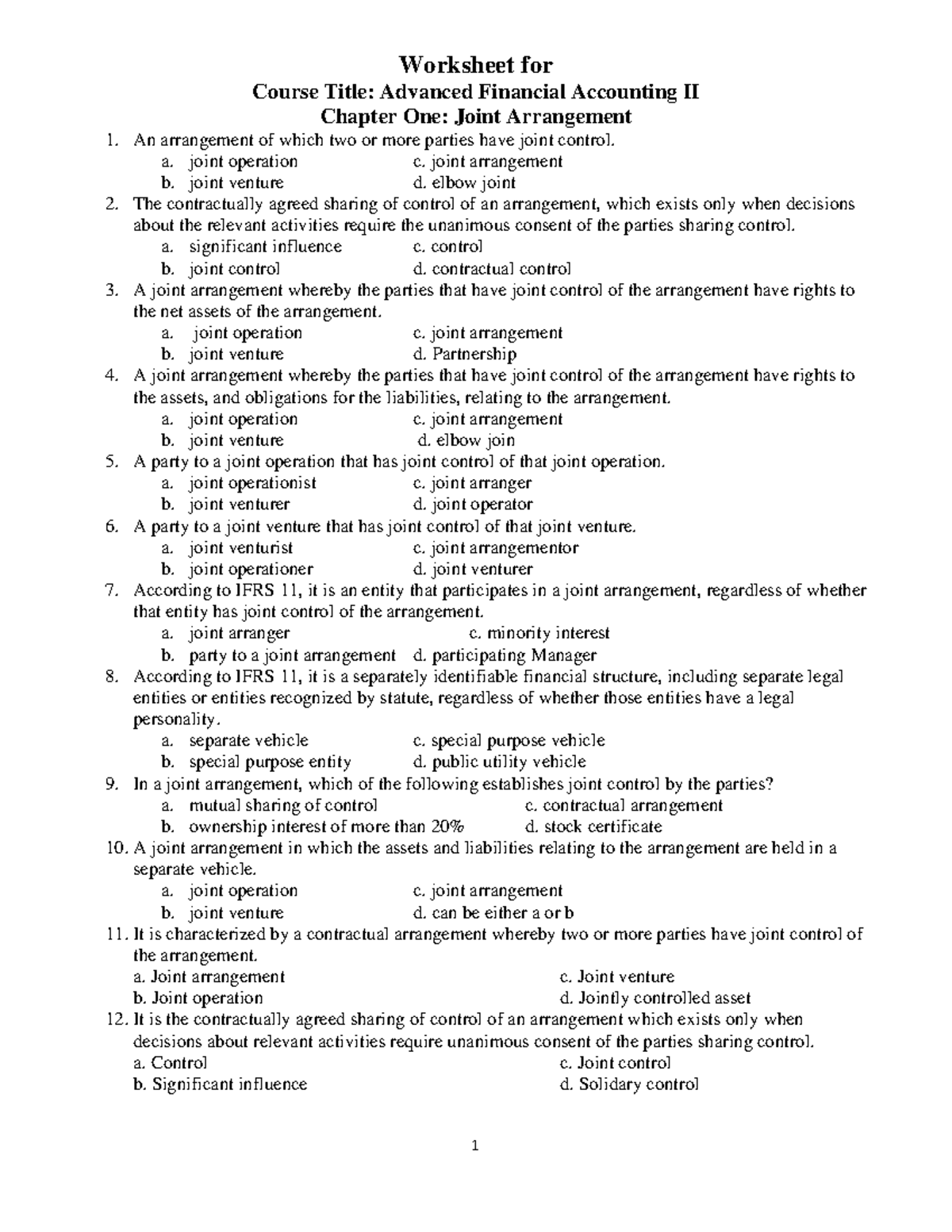 AFA II Worksheet: Joint Arrangements Overview and Key Concepts - Studocu