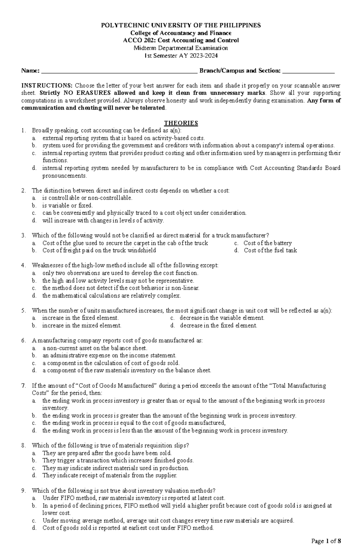 ACCO 202: Cost Accounting and Control Midterm Exam Review - Studocu