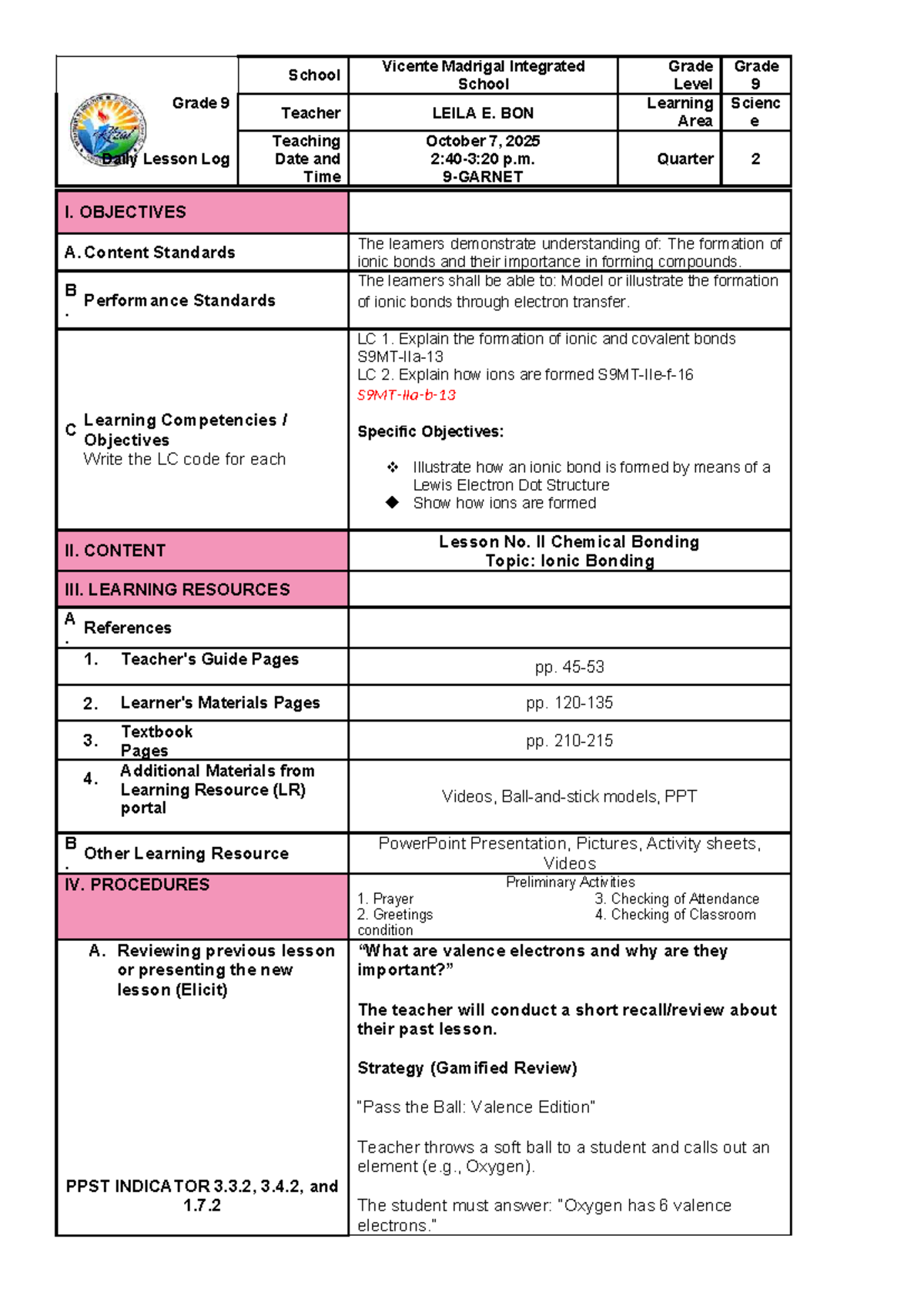 COT 2 2025-2026: Grade 9 Science Lesson Plan on Ionic Bonding - Studocu