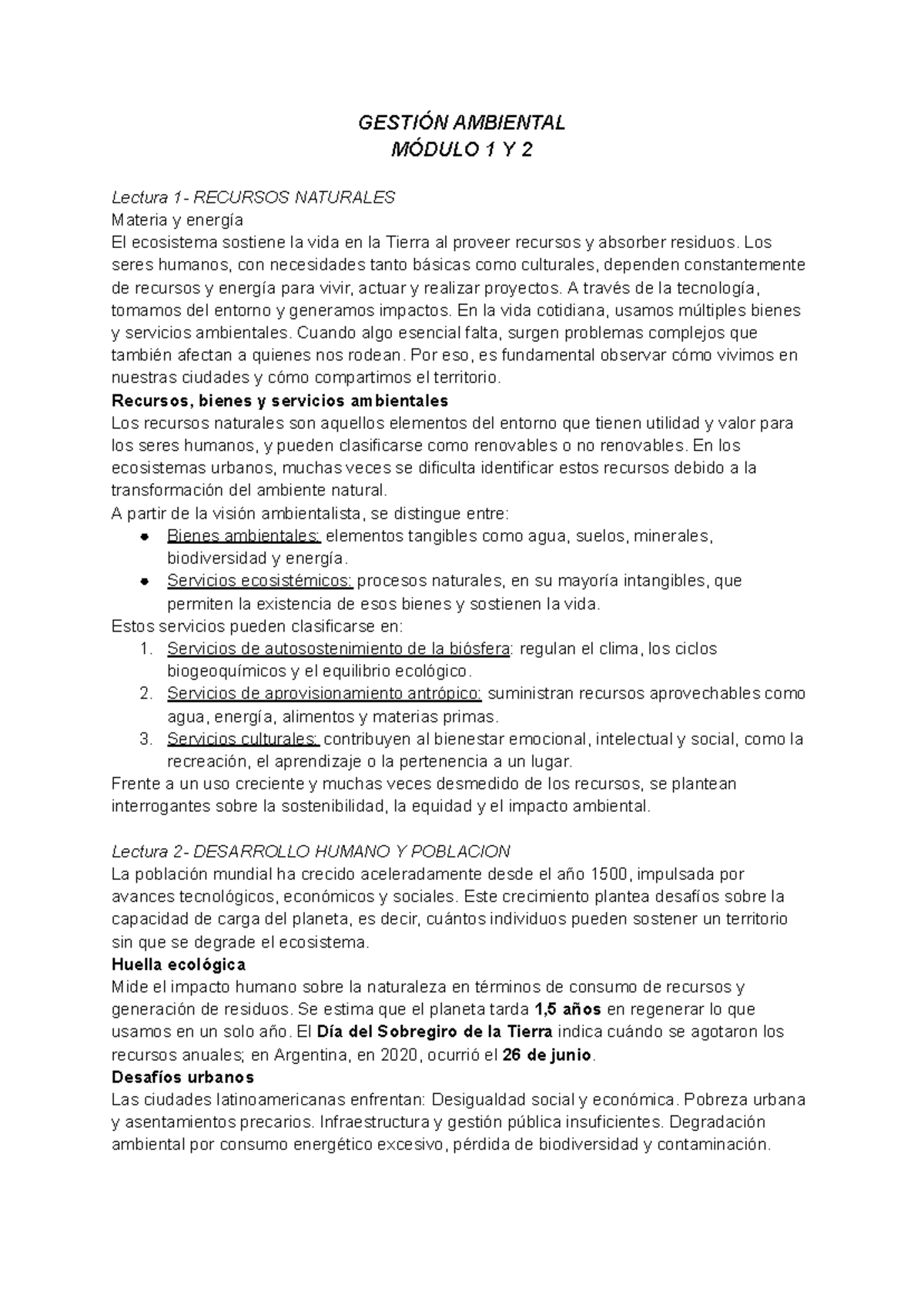 Gestión Ambiental Módulos 1 y 2: Resumen Integral de Recursos Naturales ...