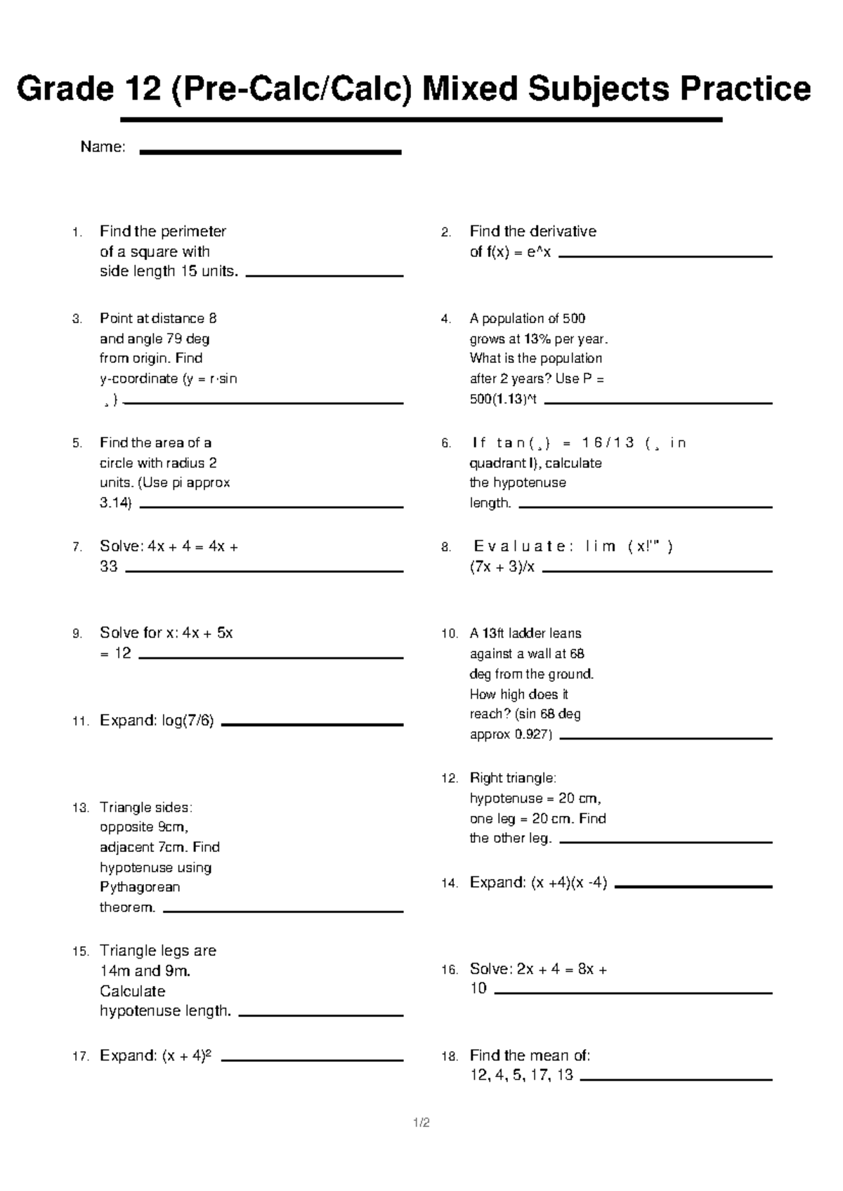 Grade 12 (Calc) Mixed Subjects Practice Problems and Solutions - Studocu