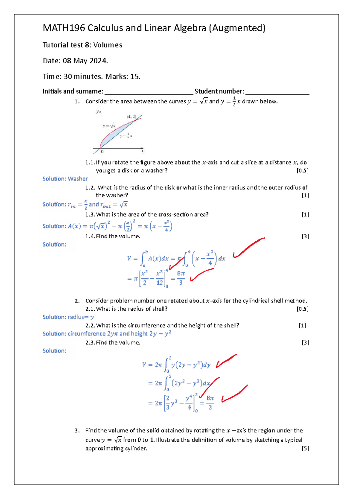 MATH196 Tutorial Test 8: Volumes in Calculus and Linear Algebra - Studocu
