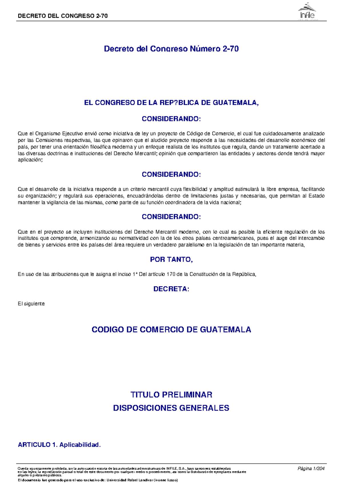 Decreto del Congreso de Guatemala: Código de Comercio 2-70 - Document Preview