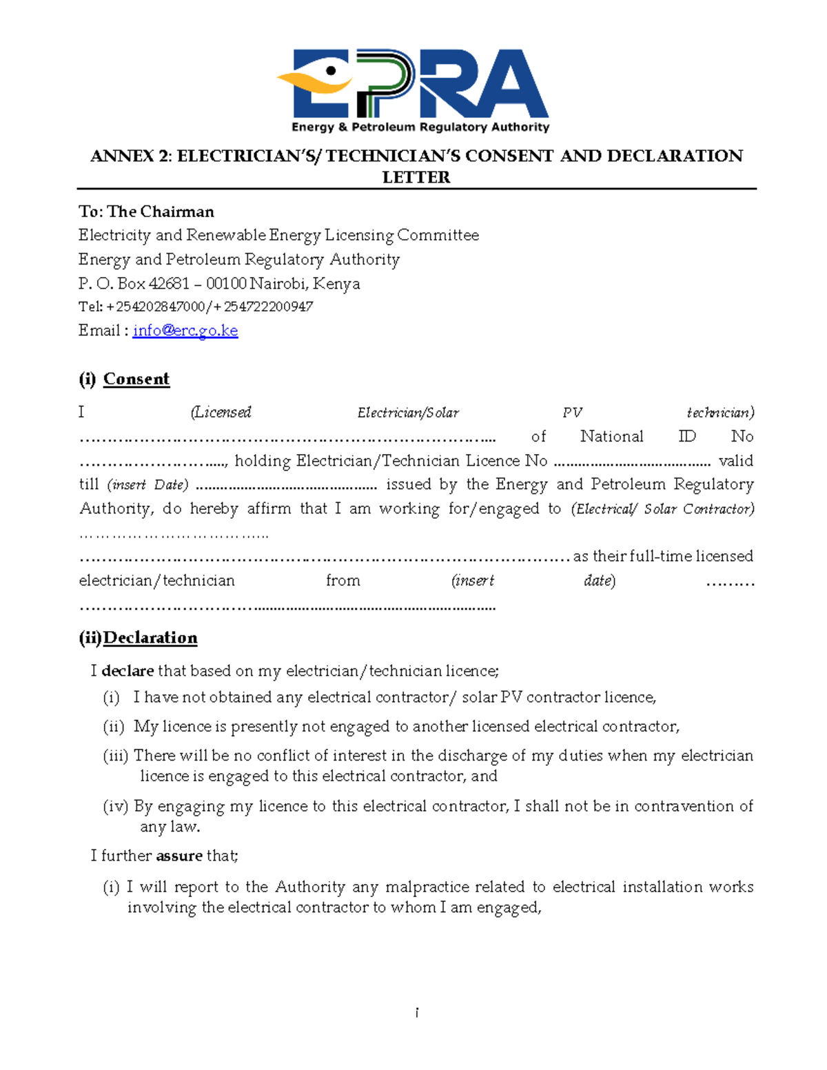 Electrician Consent & Declaration Letter Template - Studocu
