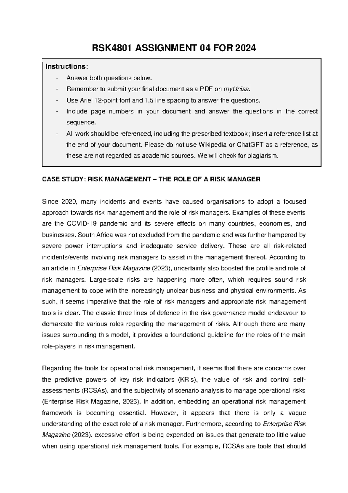 RSK4801 Lesson 1: Understanding Operational Risk and Management - Studocu