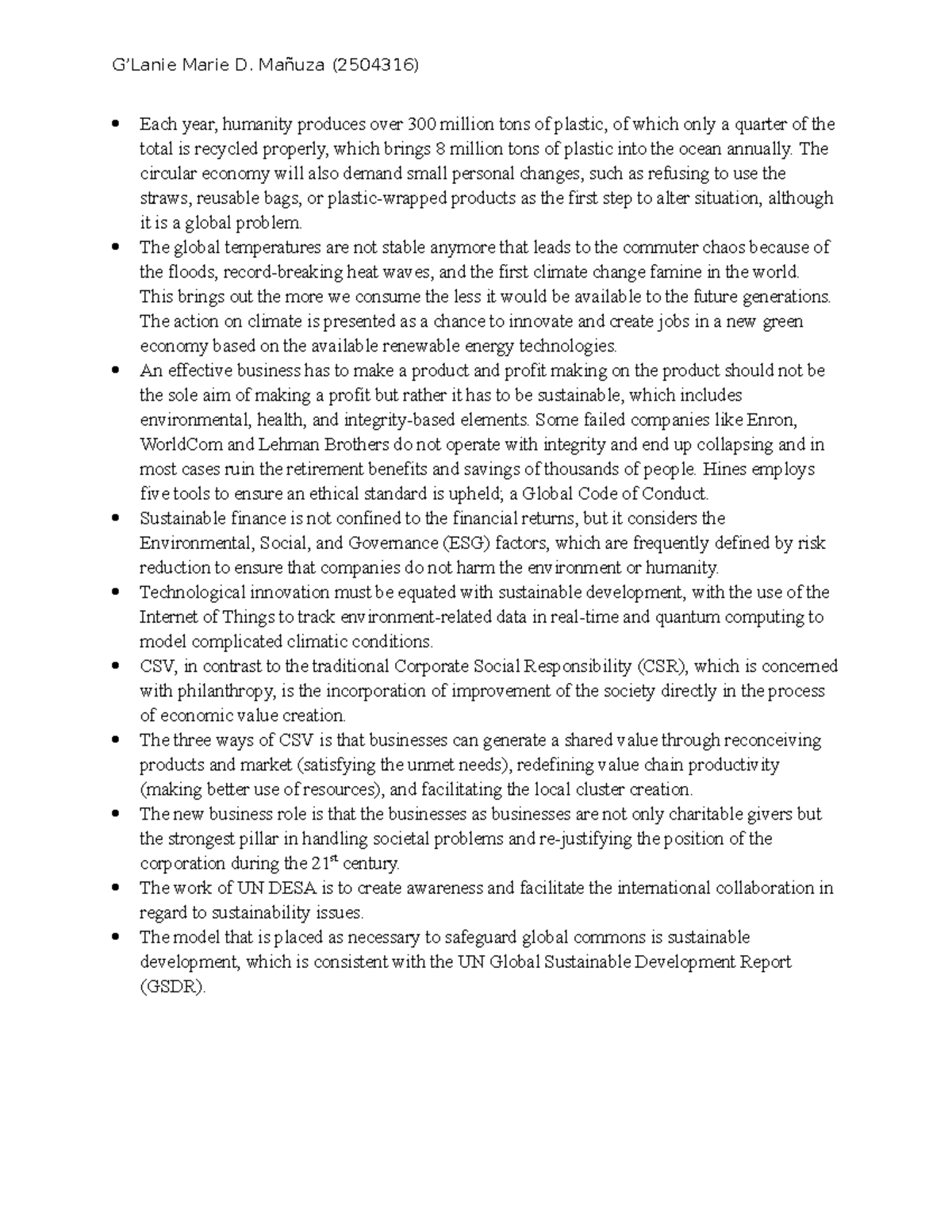 BUSI 601 - Key Takeaways on Sustainability and Business Ethics - Studocu