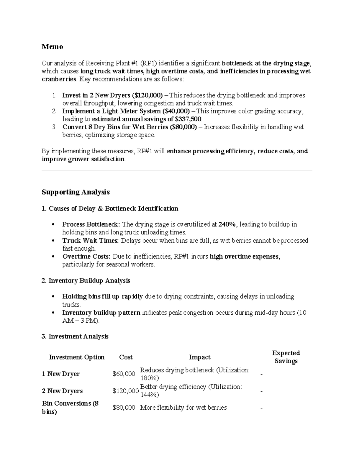 National Cranberry Case - Memo Our analysis of Receiving Plant #1 (RP1 ...