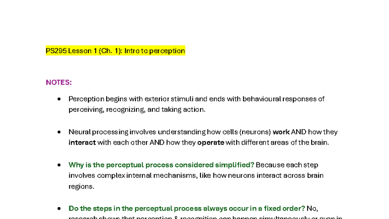 PS295 Lesson 1: Introduction to Perception and the Perceptual Process ...