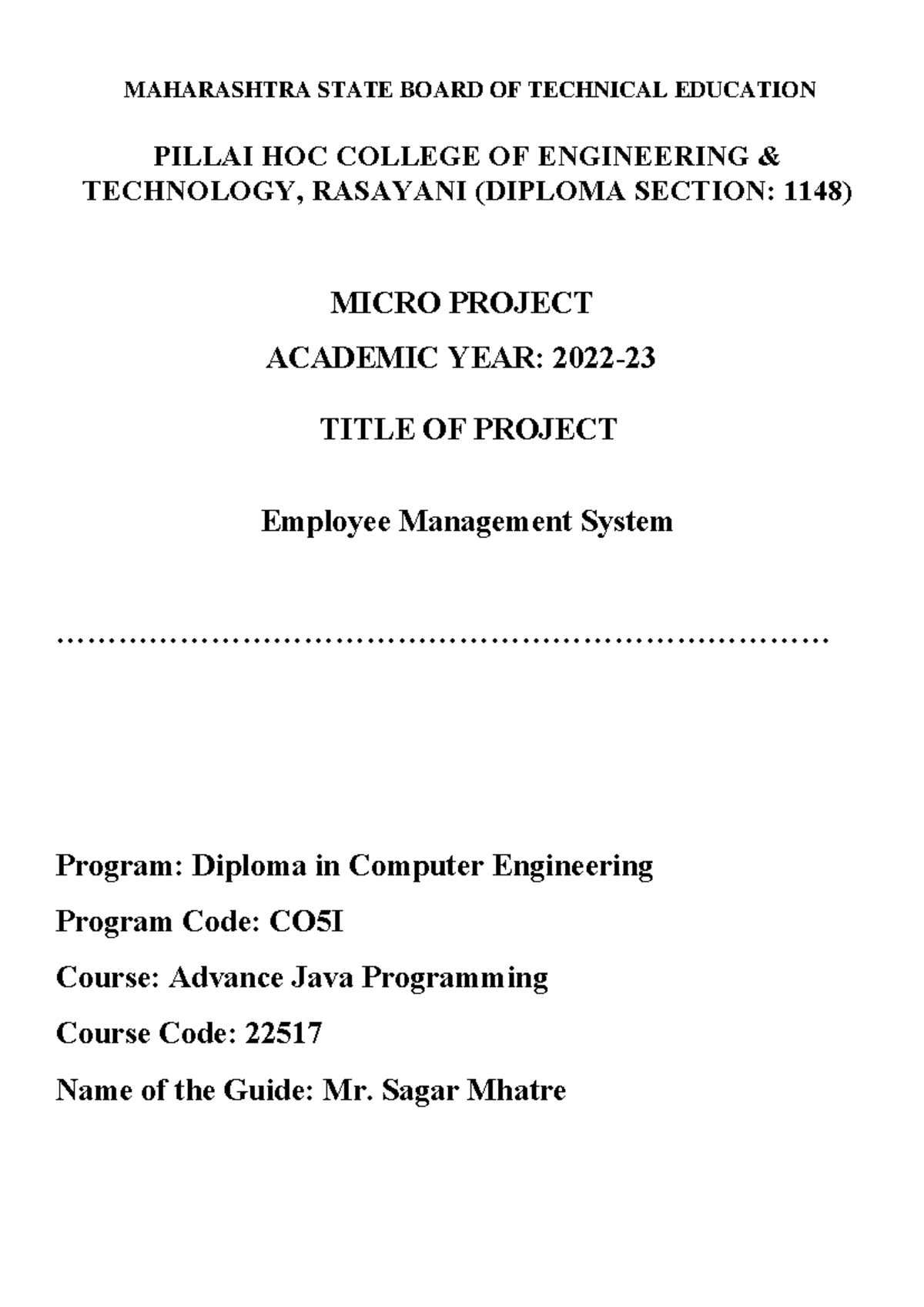 Employee Management System Micro Project - Advanced Java Prog. 22517 ...