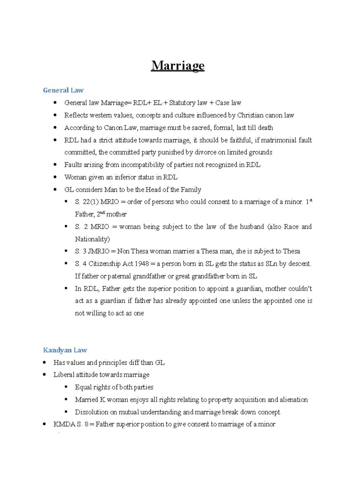 Marriage & Family Law (Course Code: MFL 101) Short Notes Summary - Studocu