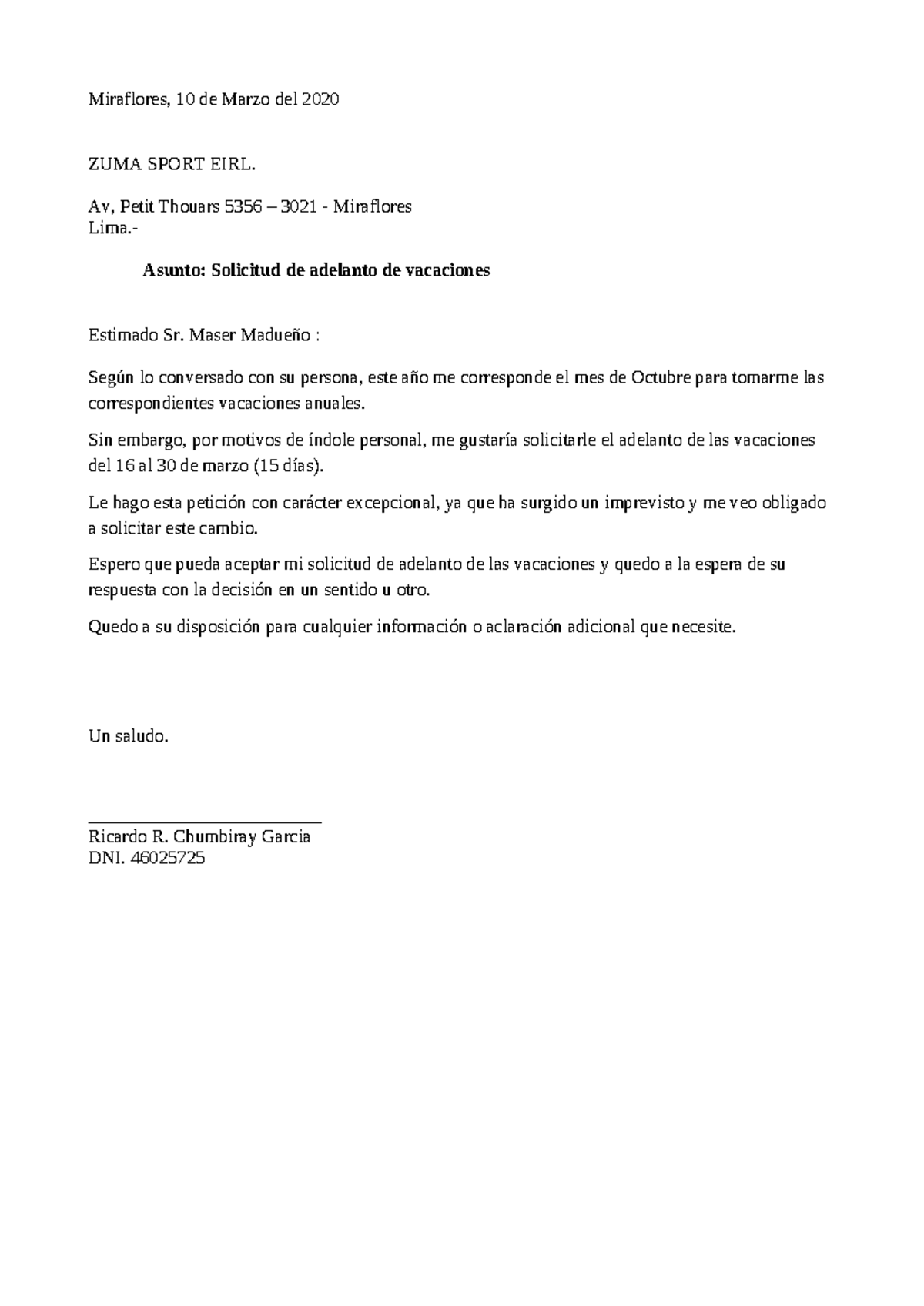 Solicitud de Adelanto de Vacaciones - Miraflores, Marzo 2020 - Document Preview