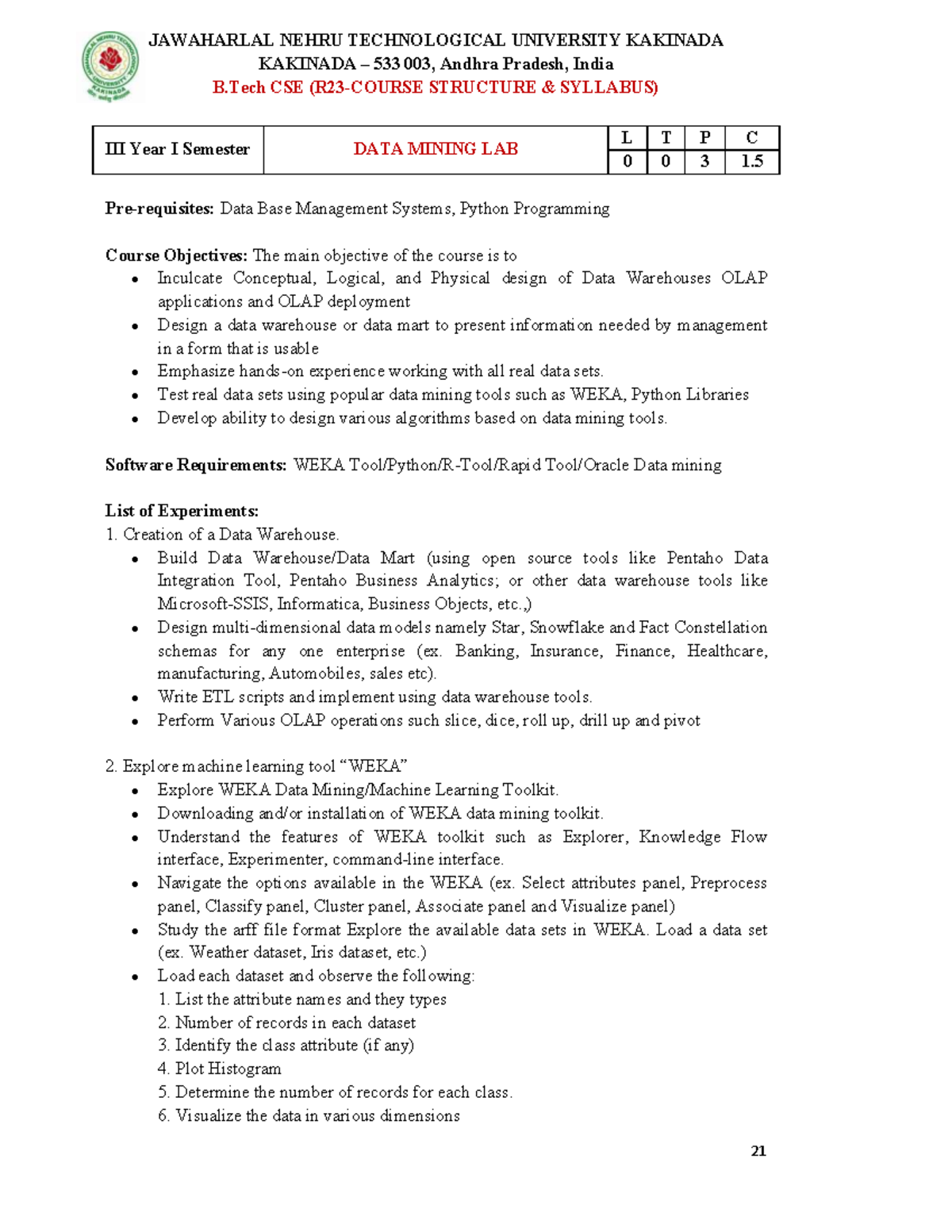 Data Mining Lab Syllabus (B.Tech CSE Year I Sem) - Studocu