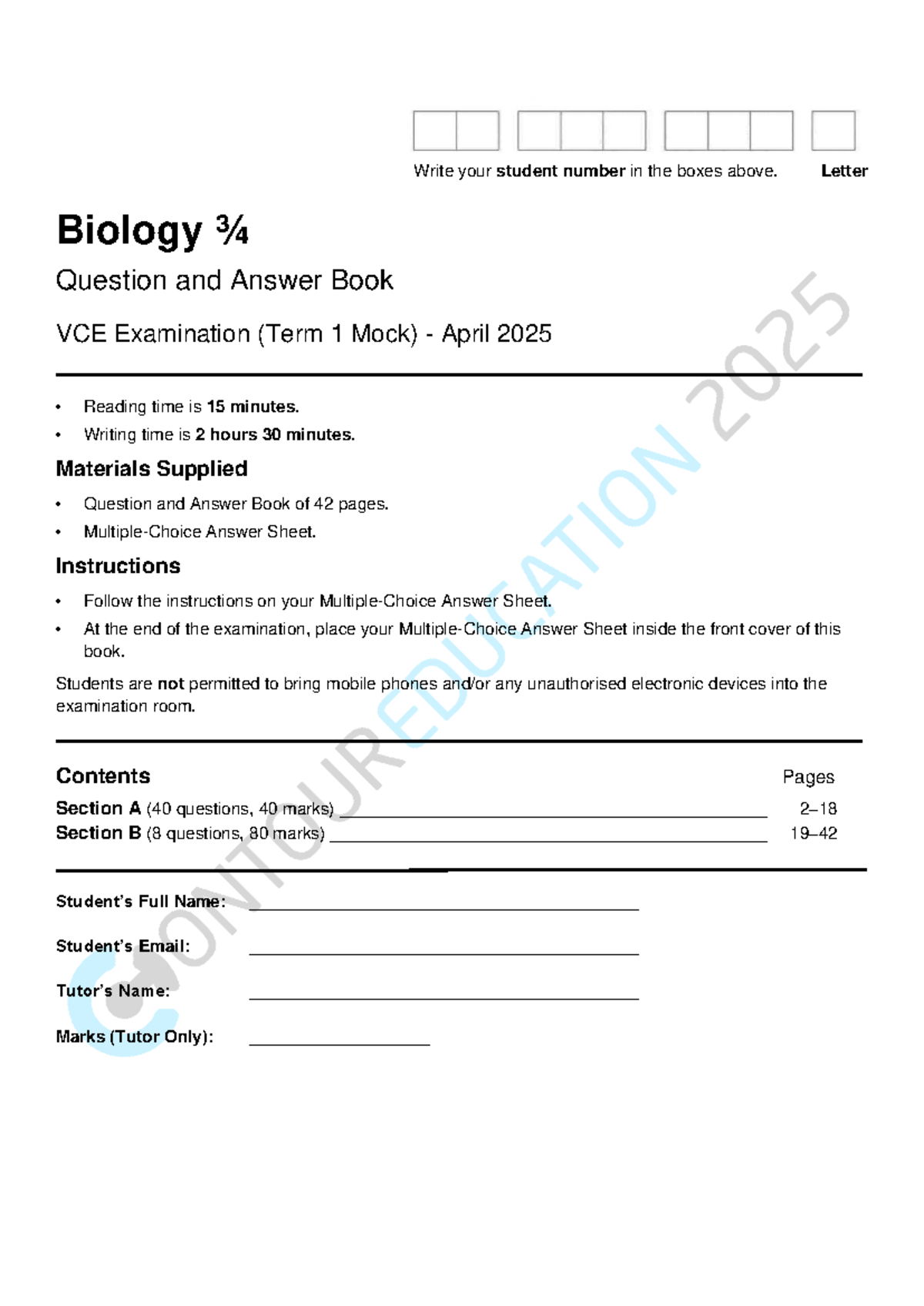 VCE Biology ¾ Term 1 Mock Exam Question & Answer Book - April 2025 ...