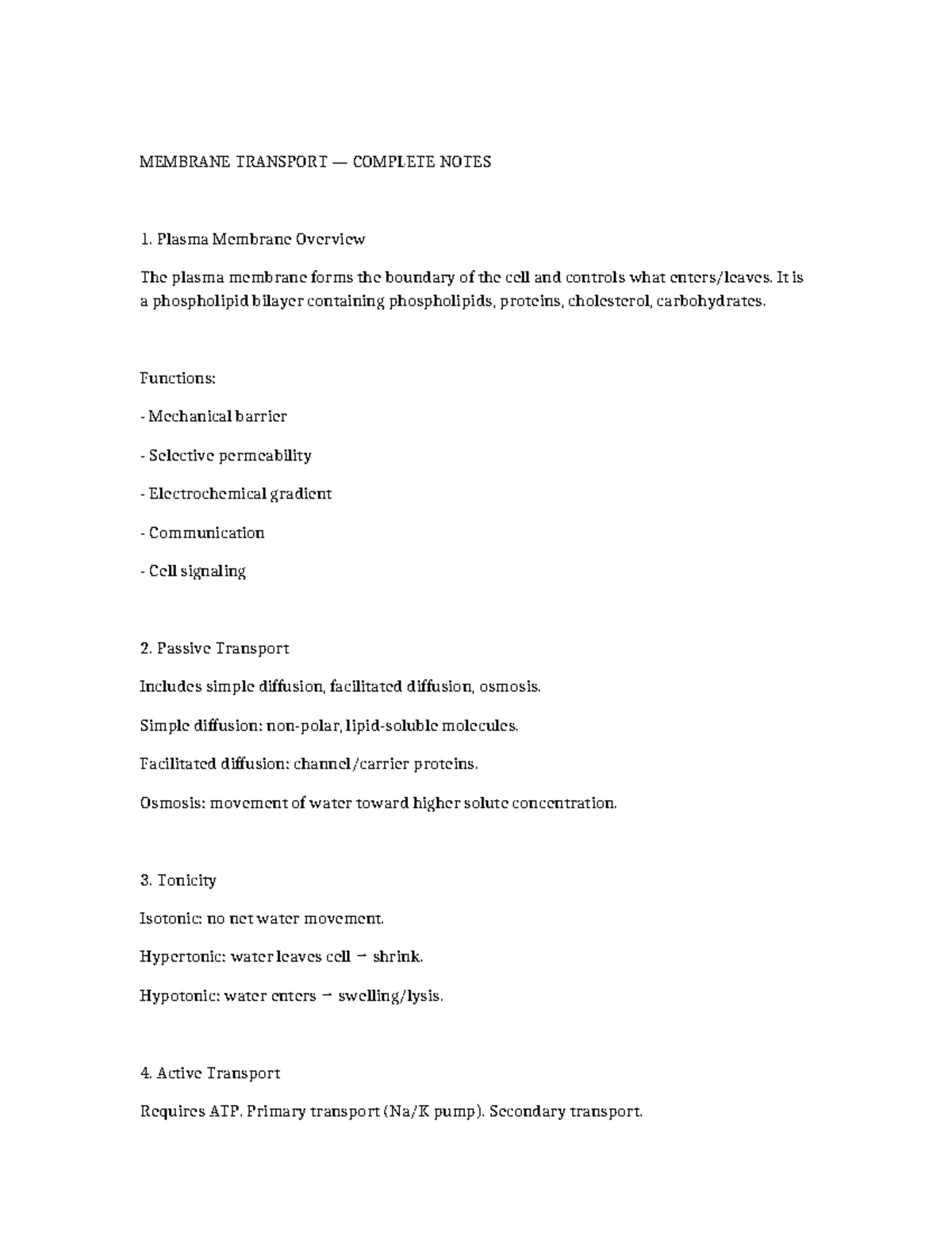 MEMBRANE TRANSPORT NOTES (BIO 101) - COMPLETE GUIDE - Studocu