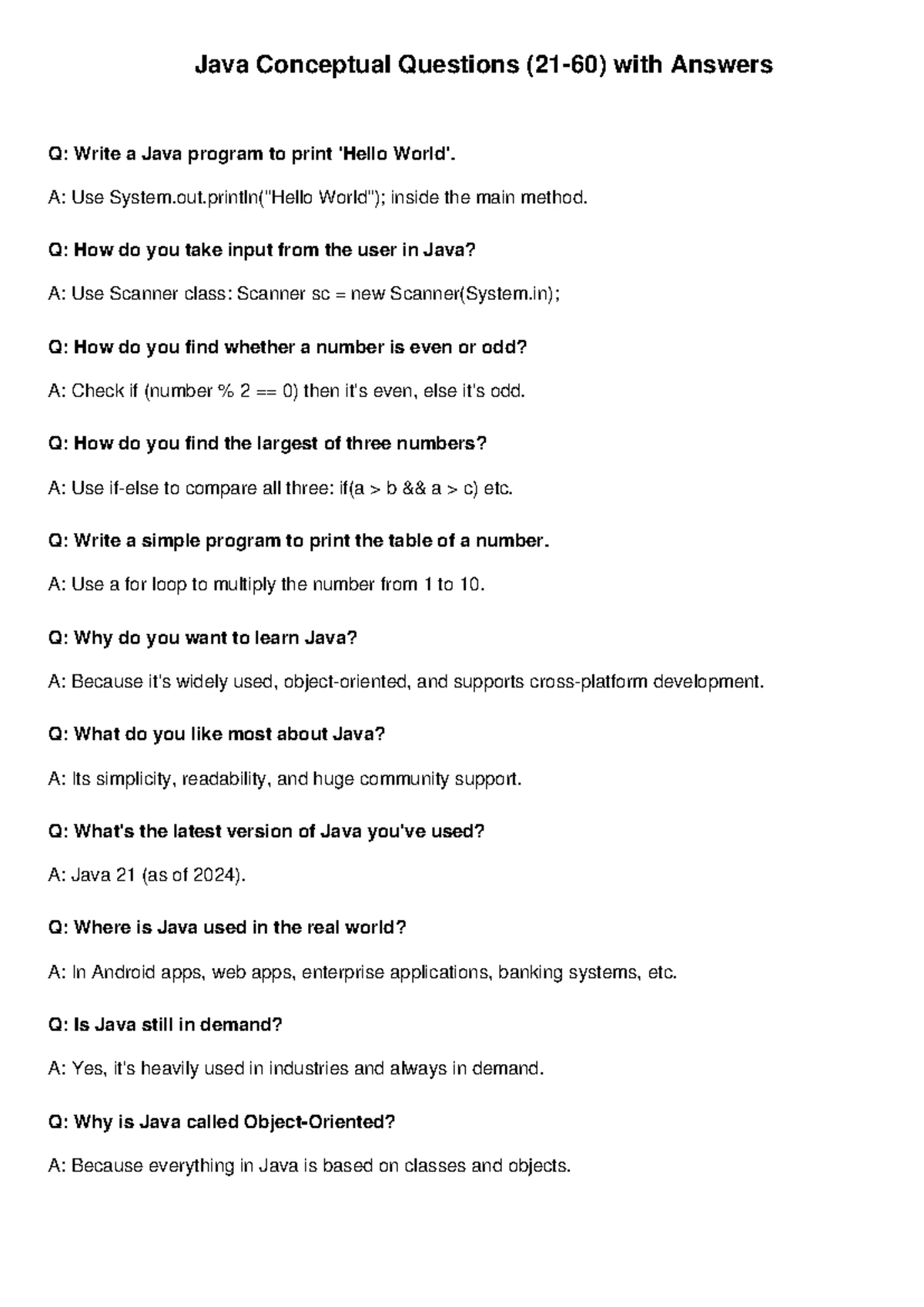 Java Basics Concepts QA: Essential Questions & Answers - Studocu
