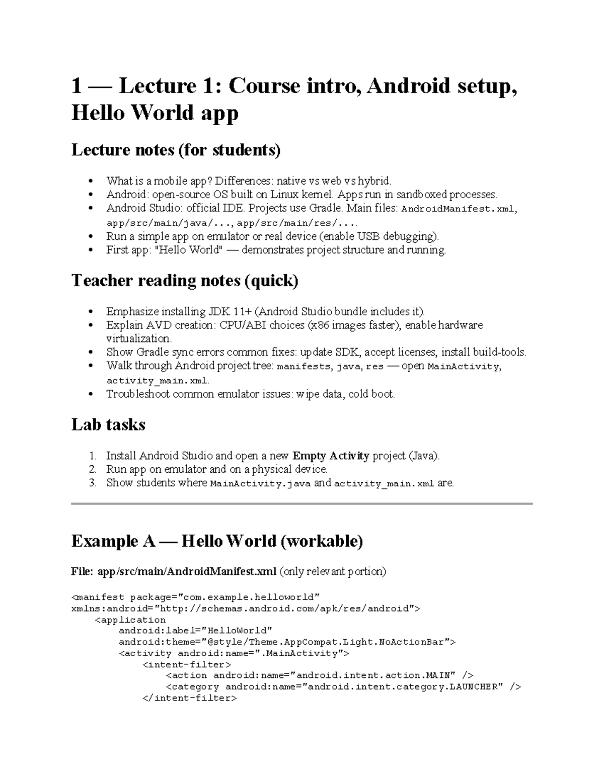 Module 1: Android Setup & Hello World App Lecture Notes (CS101) - Studocu