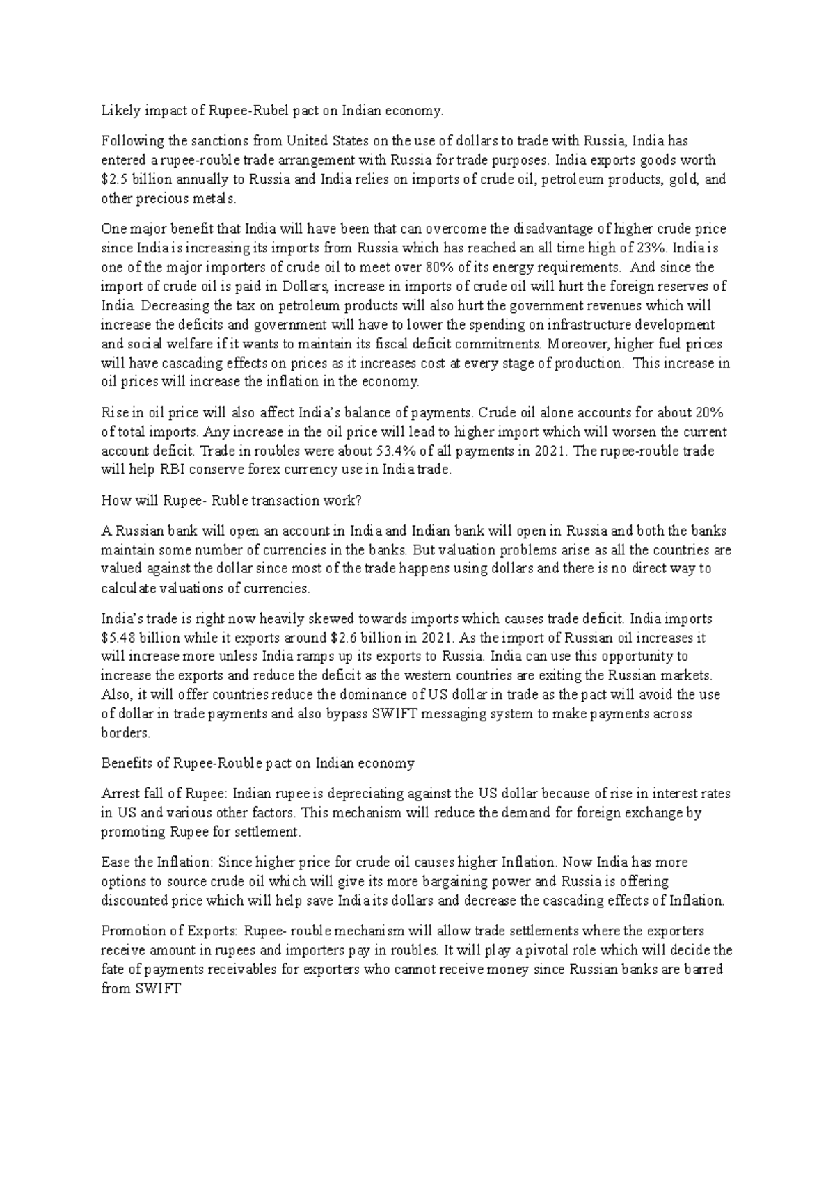 Impact of Rupee-Rouble Pact on India's Economy: Analysis and ...