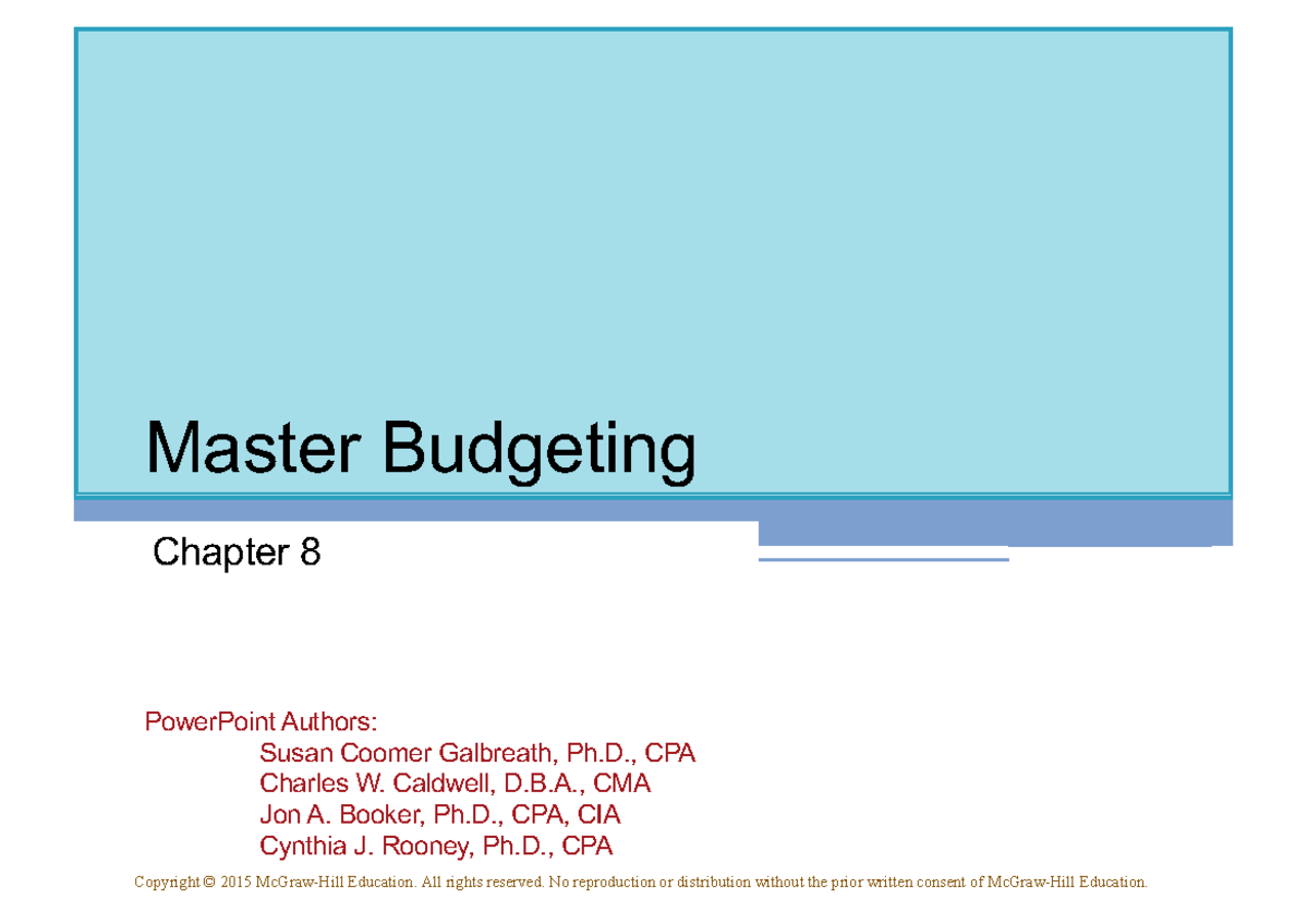 Master Budgeting Overview - Chapter 8 (Course Code: 5) - Studocu