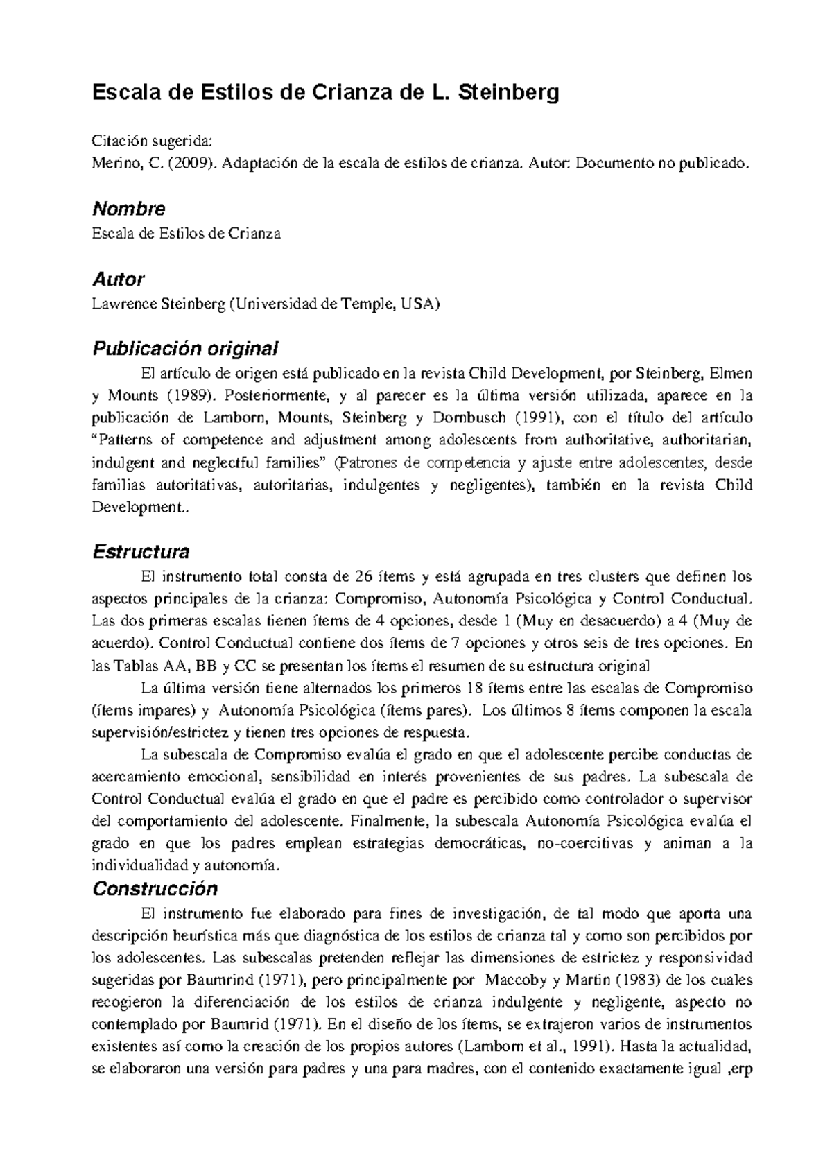 Escala de Estilos de Crianza L. Steinberg - Manual e Instrumento - Document Preview
