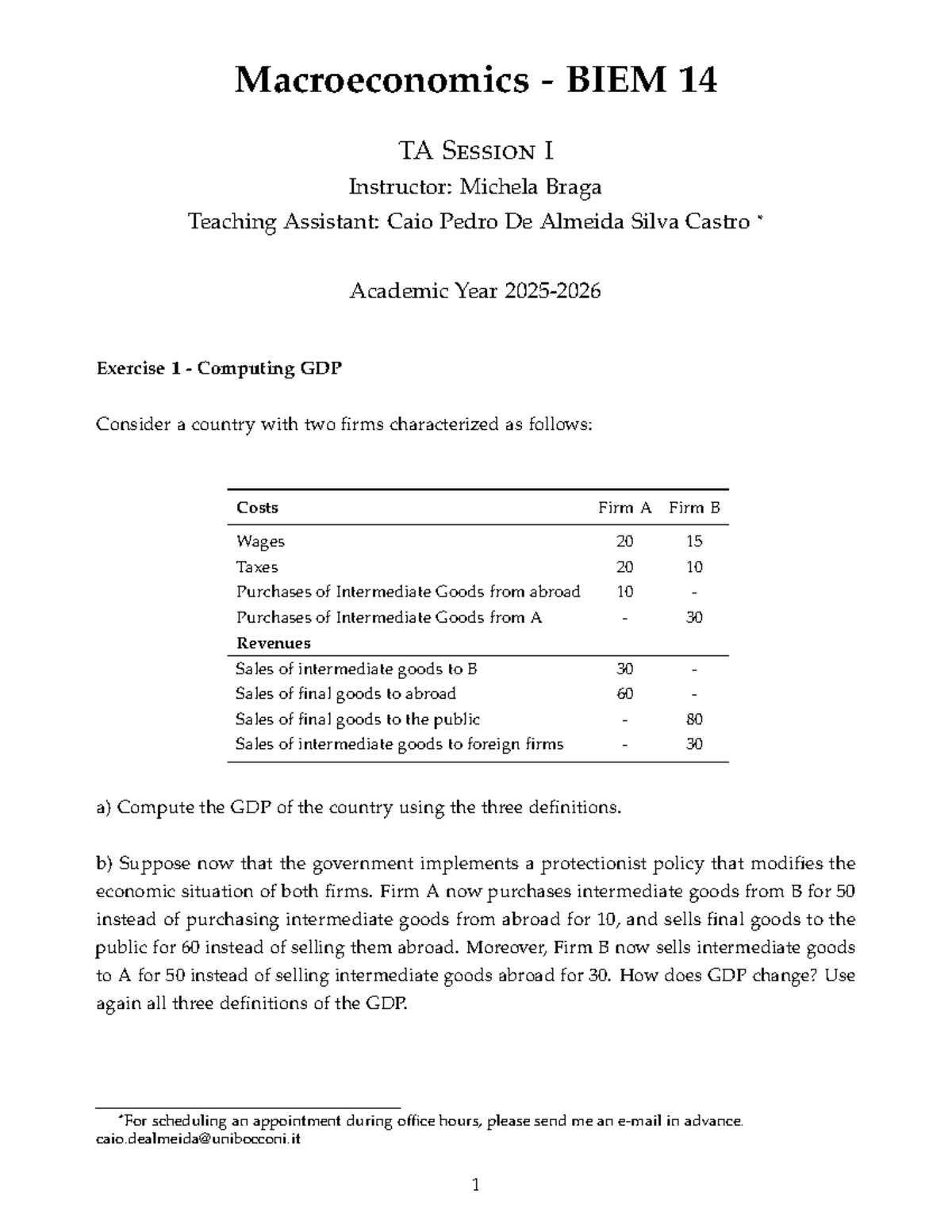 Macroeconomics BIEM 14 TA Session I Exercises and GDP Analysis - Studocu