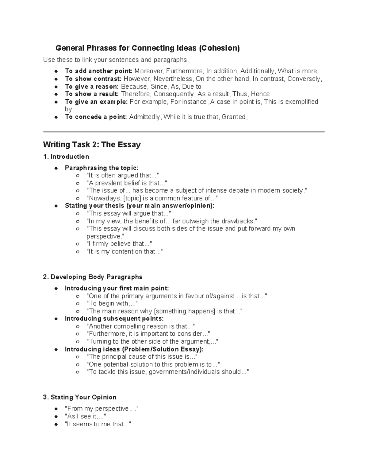 General Phrases for Cohesion in Writing Tasks (ENG101) - Studocu