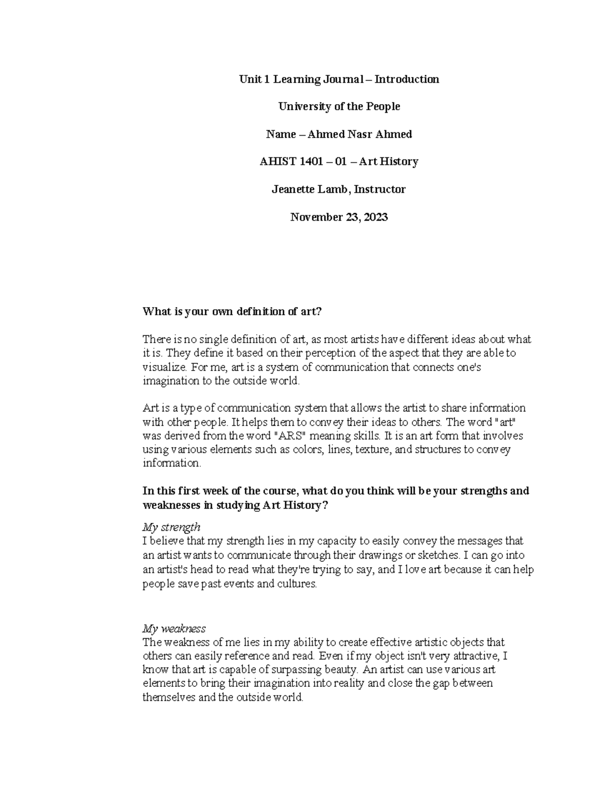 AHIST 1401 - Unit 1 Learning Journal: Defining Art & Self Reflection ...