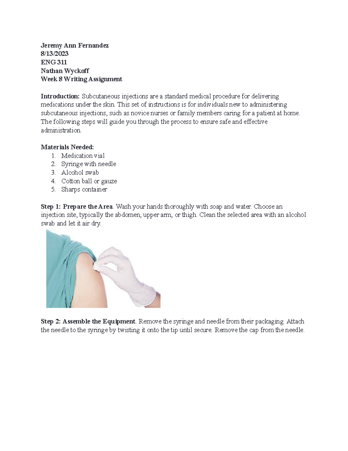 Week 8 ENG 311 Writing Assignment: Subcutaneous Injection Guide - Studocu