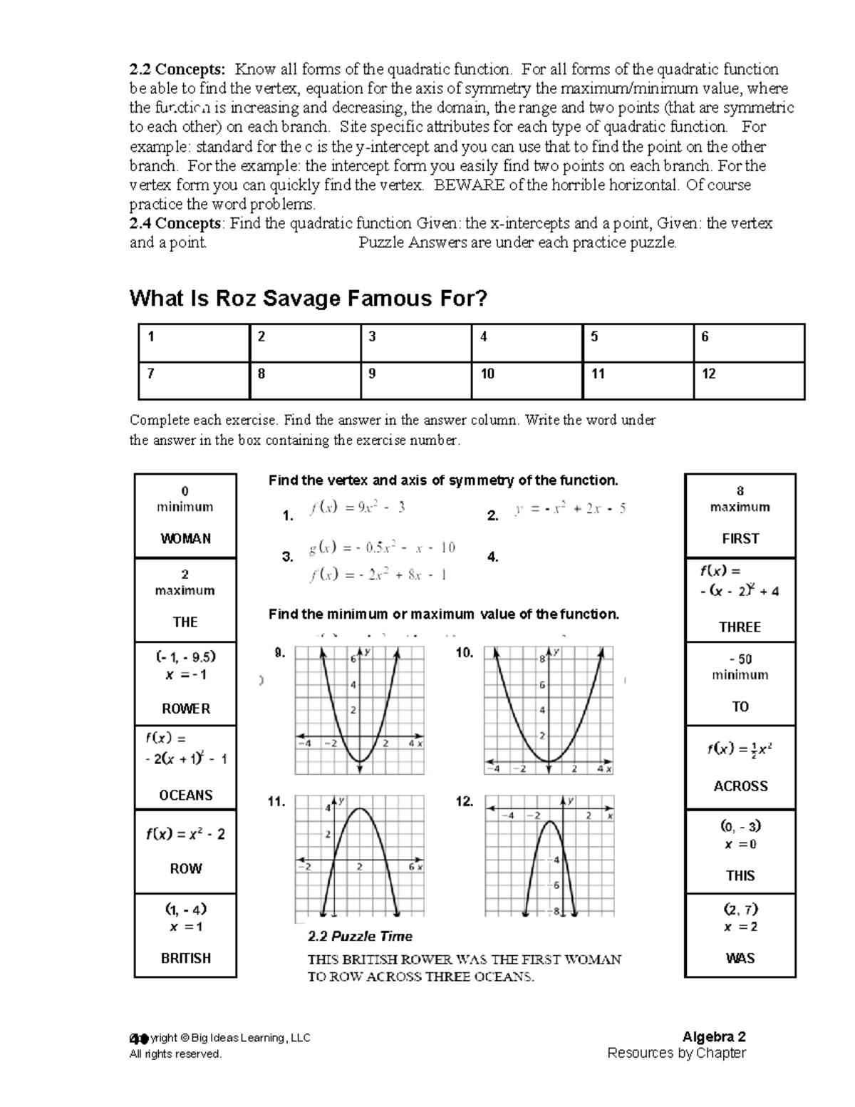 2.2 & 2.4 Quadratic Functions: Vertex, Symmetry, and Practice - Studocu