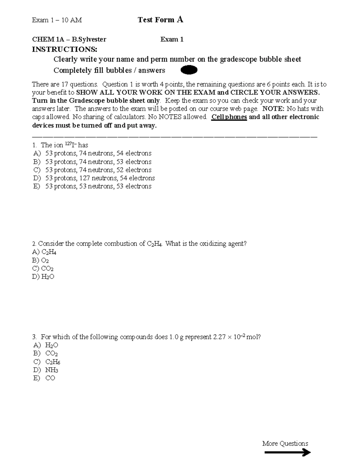 CHEM 1A Exam 1 Fall 2019 Key - Test Form A Answers and Instructions ...