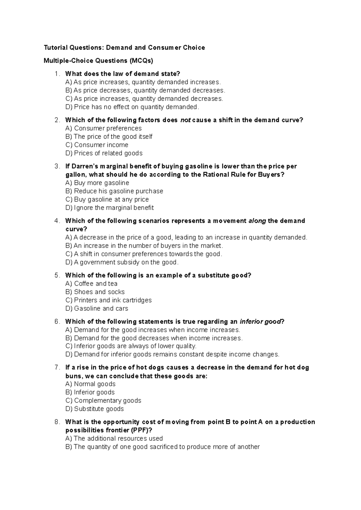 Tutorial Questions: Demand & Consumer Choice (Chapter 2-1) - Studocu