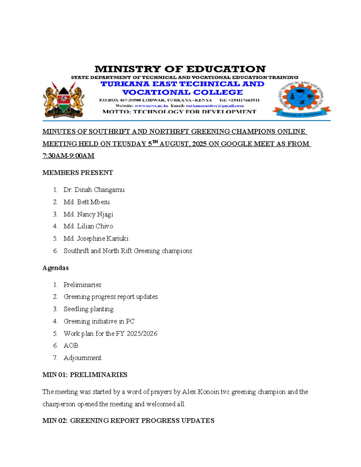 MINUTES OF SOUTH RIFT & NORTH RIFT GREENING CHAMPIONS MEETING - AUG 5 ...