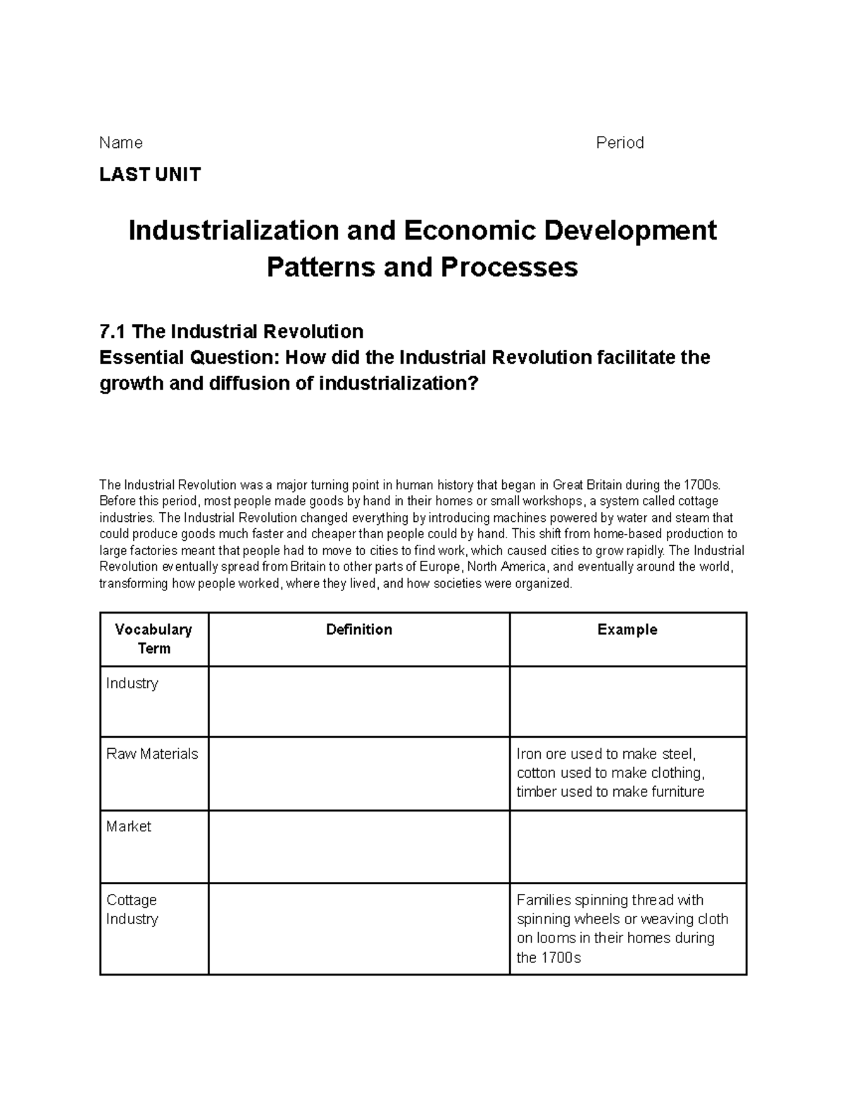 Unit 7 Homework: Vocabulary on Industrialization & Economic Development ...