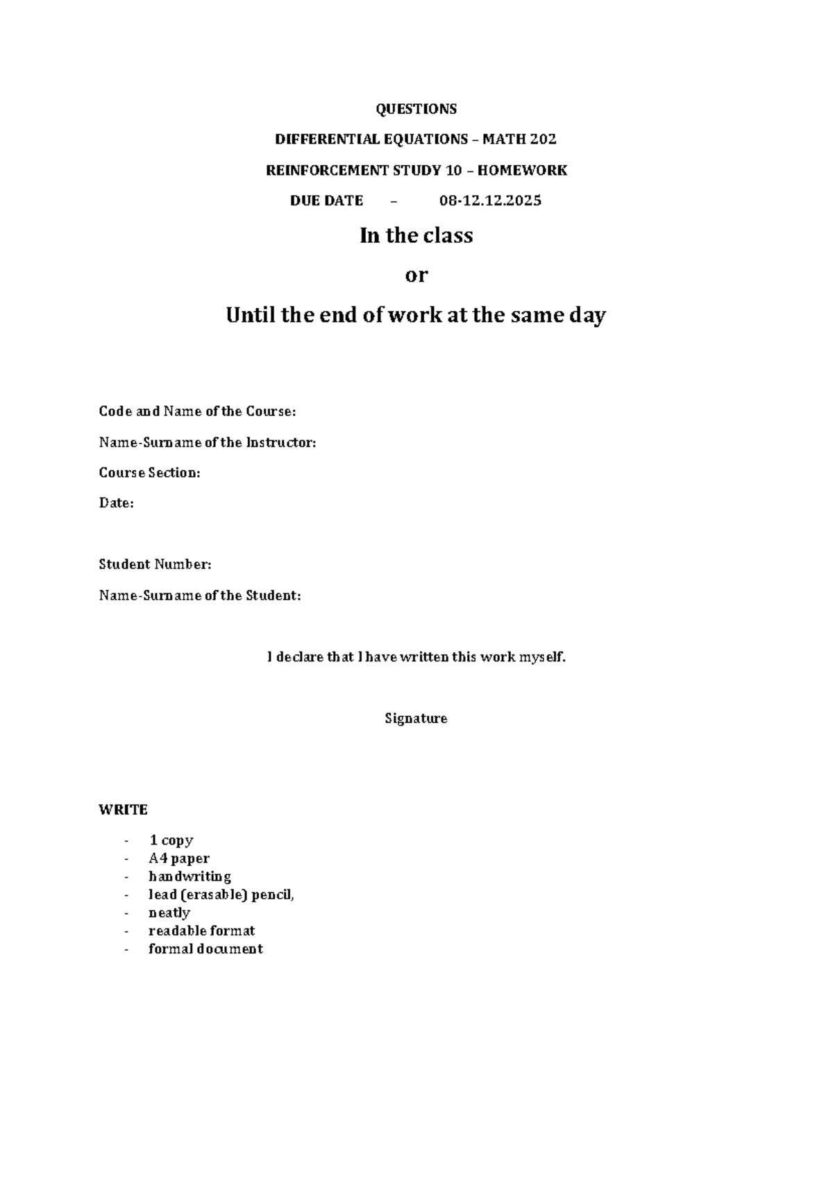 MATH 202 Differential Equations Homework Questions and Solutions - Studocu