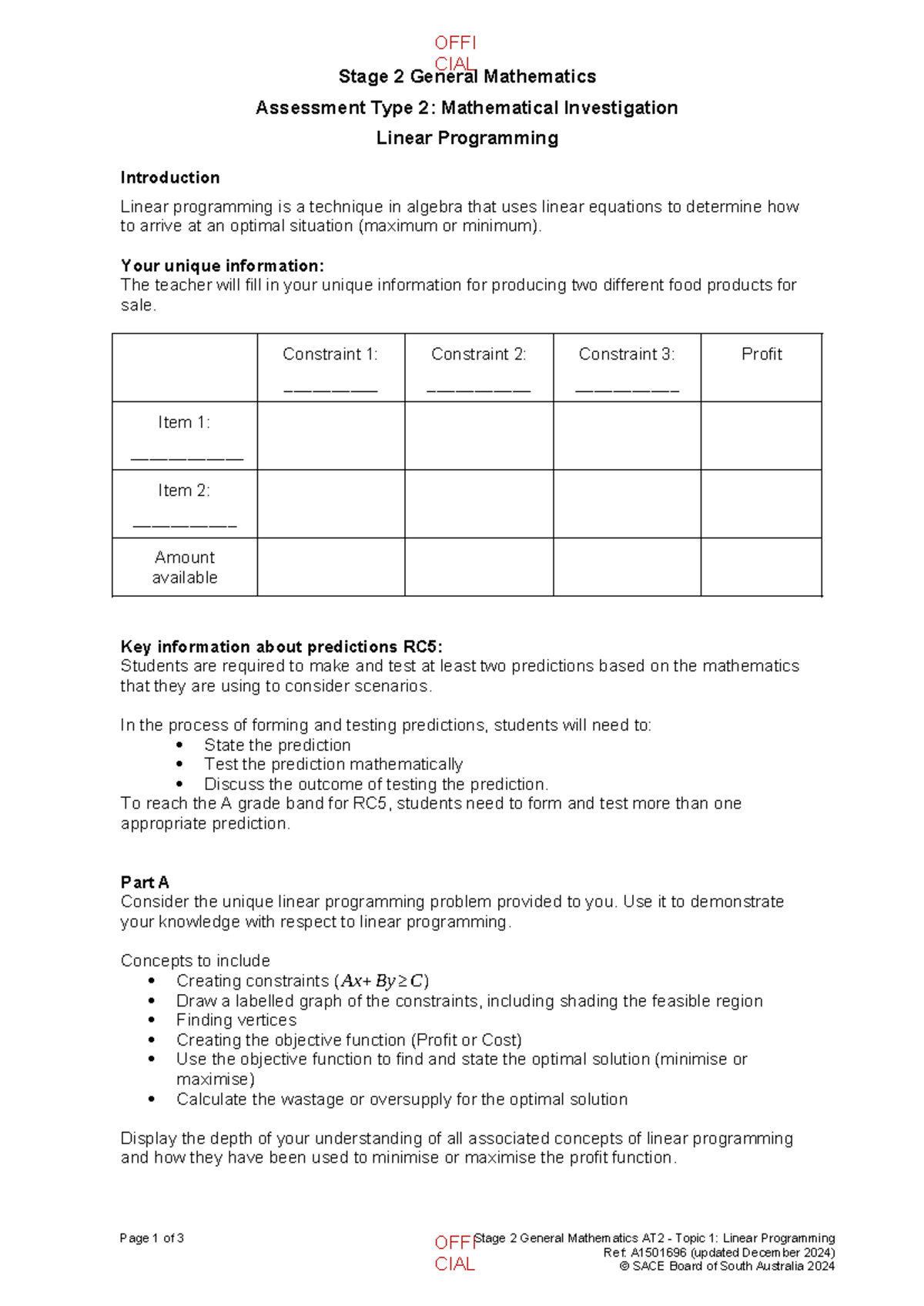 Stage 2 General Mathematics AT2: Linear Programming Investigation on ...