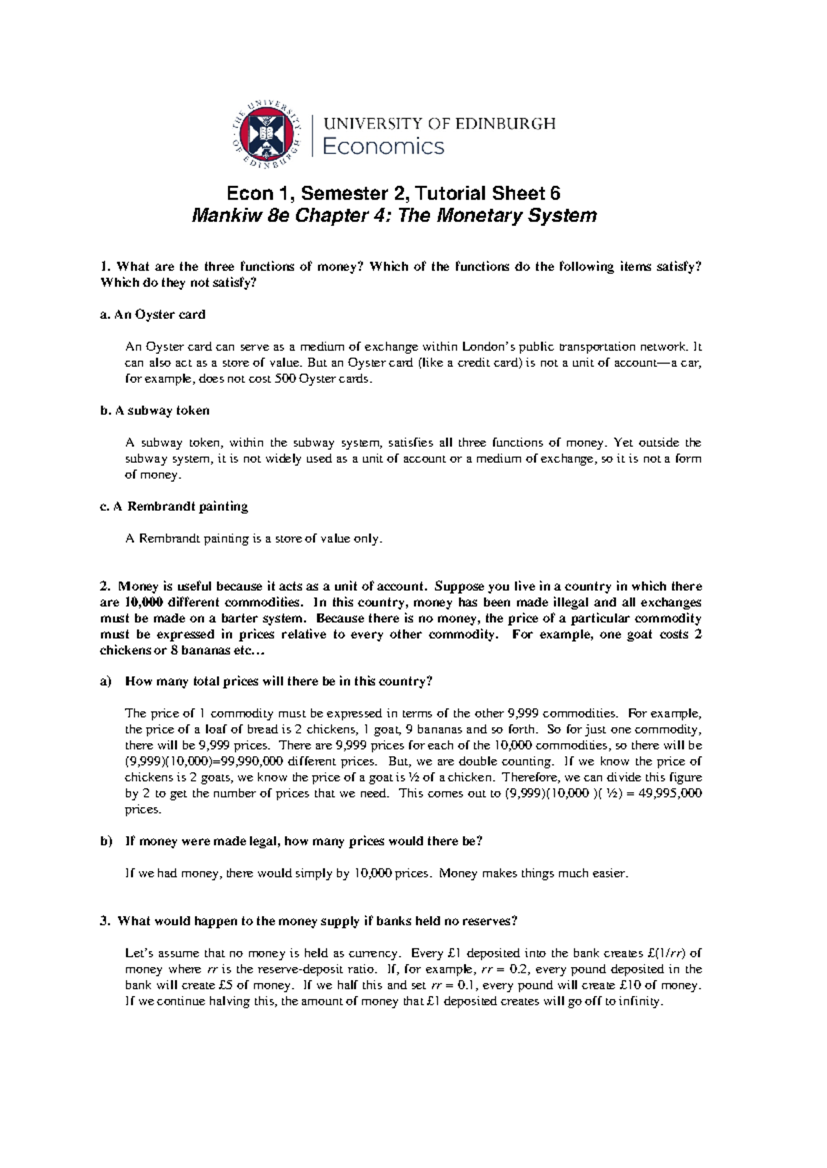 Econ 1, Semester 2: Tutorial 6 Solutions on Monetary System - Studocu