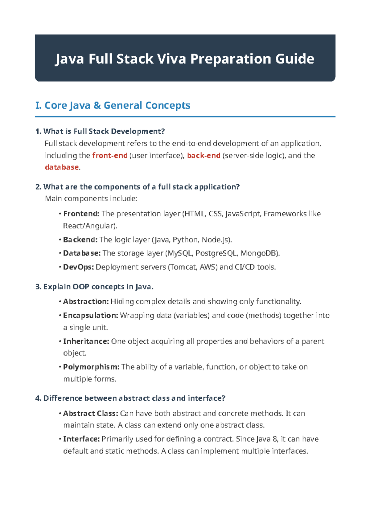 Java Full Stack Viva Prep Guide - Core Concepts & Frameworks - Studocu