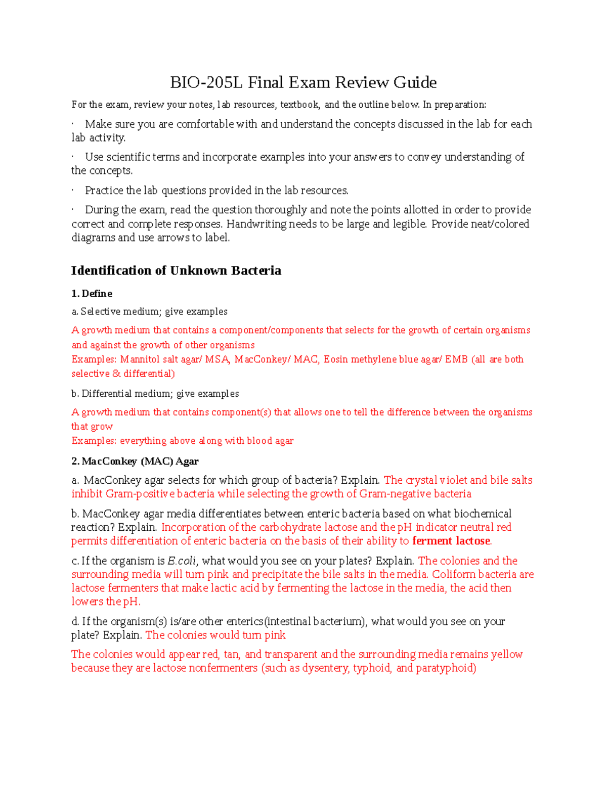 BIO 205L Comprehensive Final Exam Review Guide - Studocu