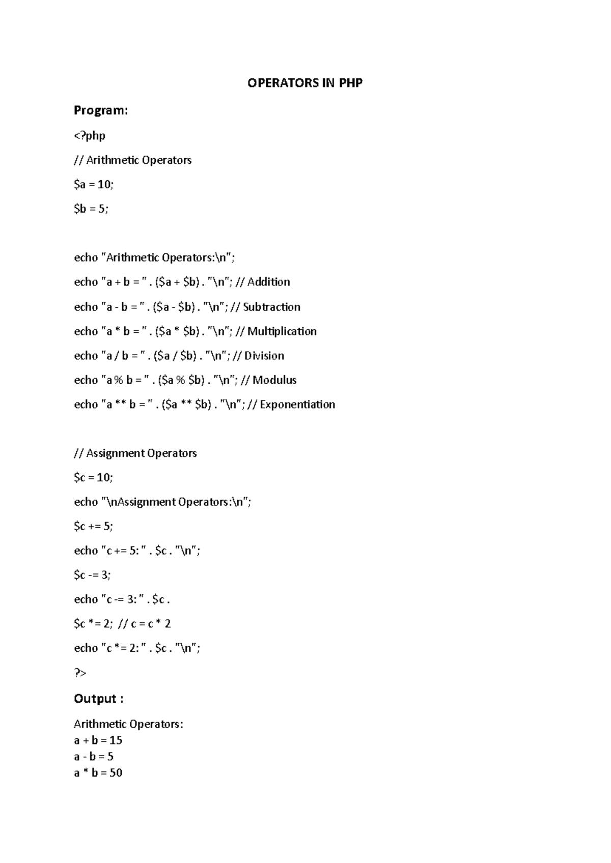 Web programing - Web programming practical notes - OPERATORS IN PHP ...