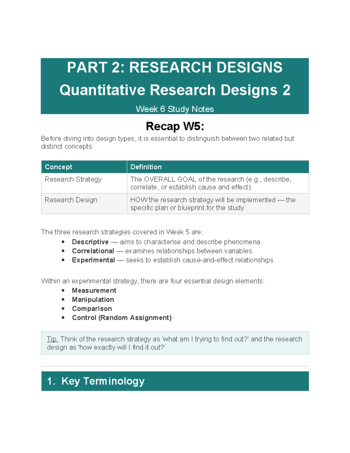 Week 6 Study Notes: Quantitative Research Designs Overview - Studocu